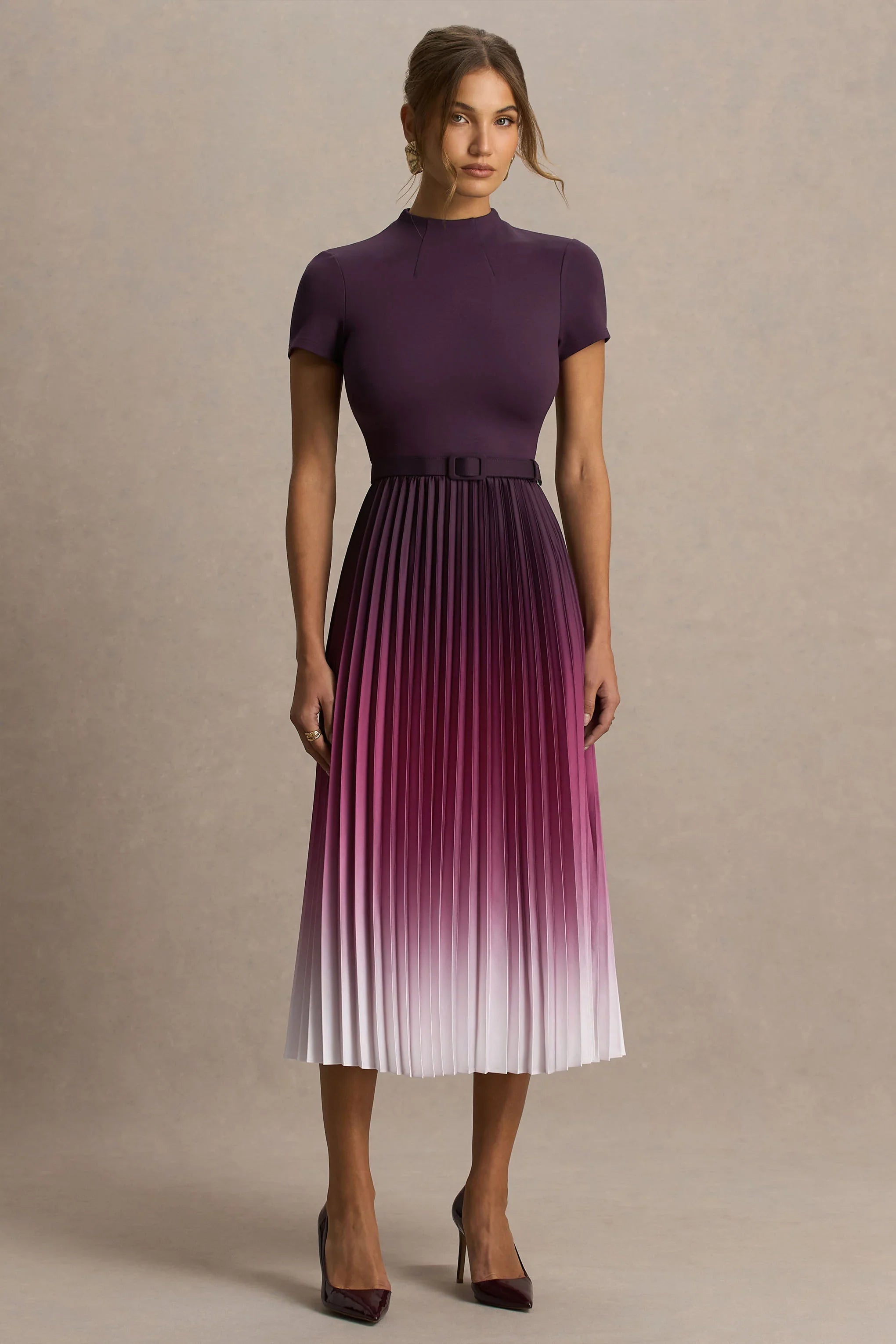 Libby Burgundy Ombre Woven High Neck Midi Dress With Pleated Detailing