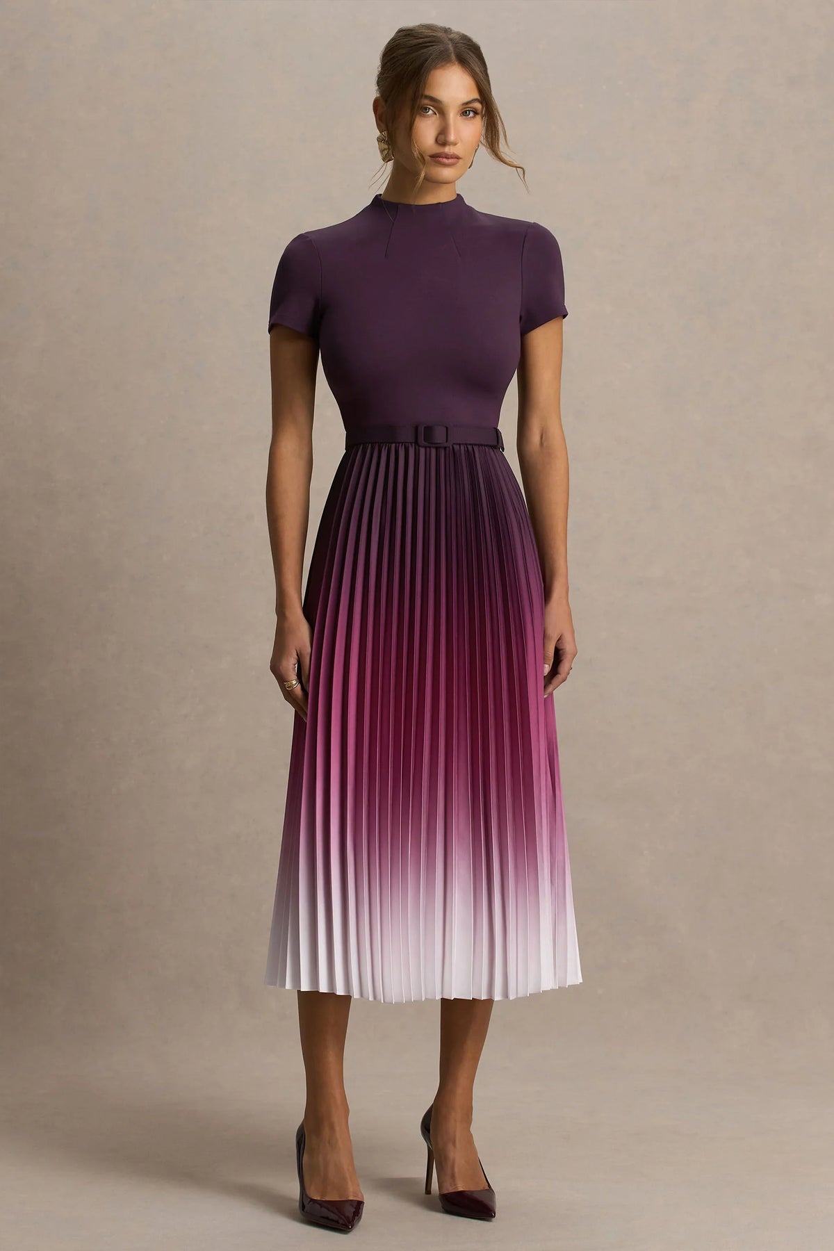 Libby Burgundy Ombre Woven High Neck Midi Dress With Pleated Detailing