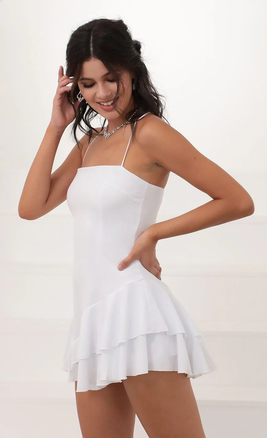 Asymmetrical Frill Dress in White