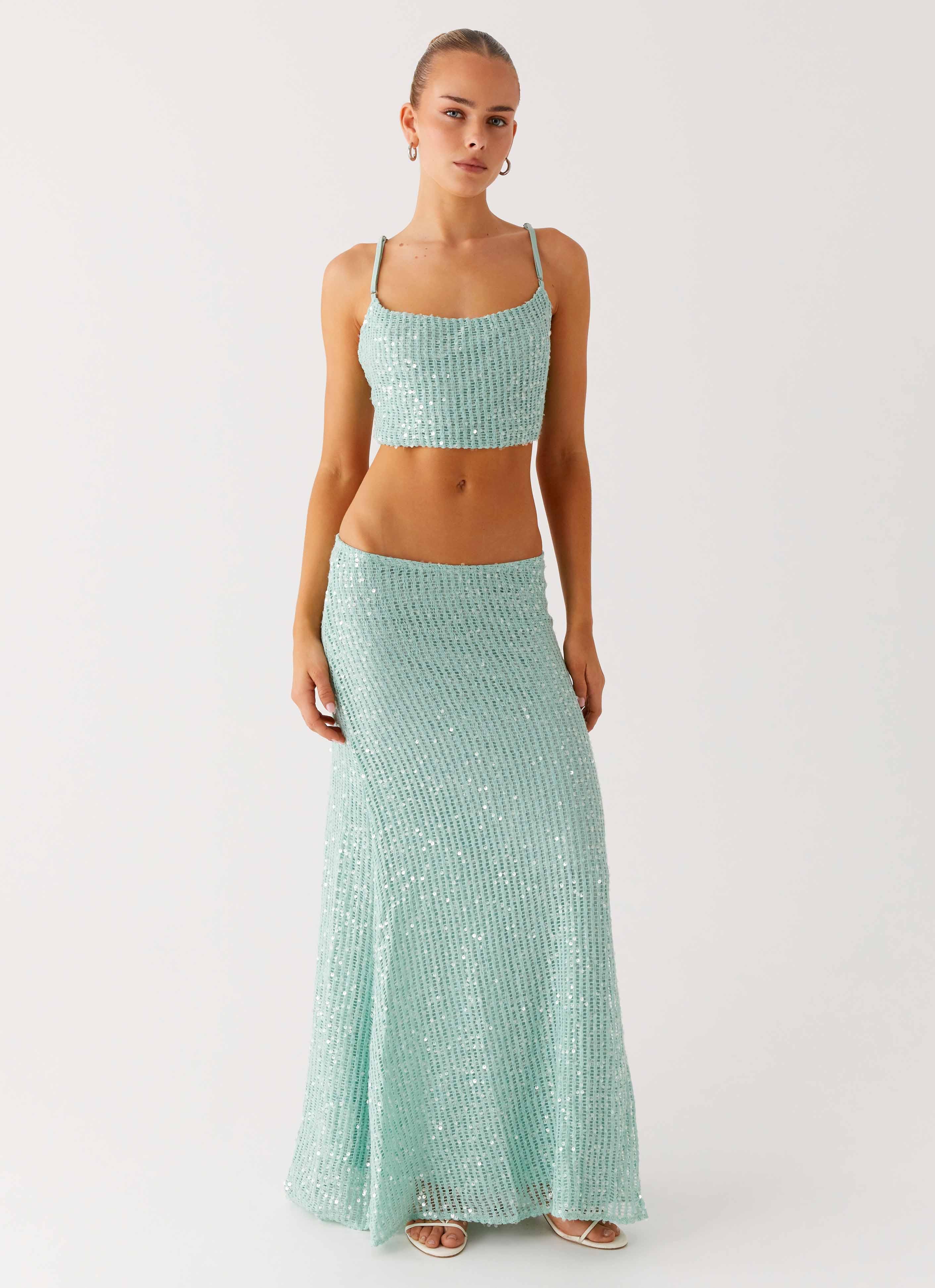 Amoura Sequin Low Rise Maxi Skirt Mint Sage