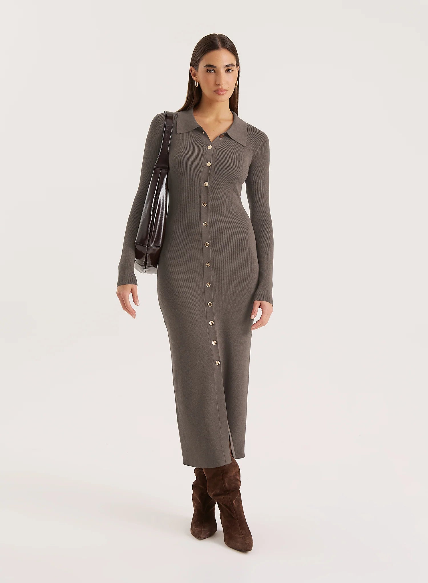 Charcoal Collared Button Down Knitted Dress