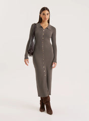 Charcoal Collared Button Down Knitted Dress