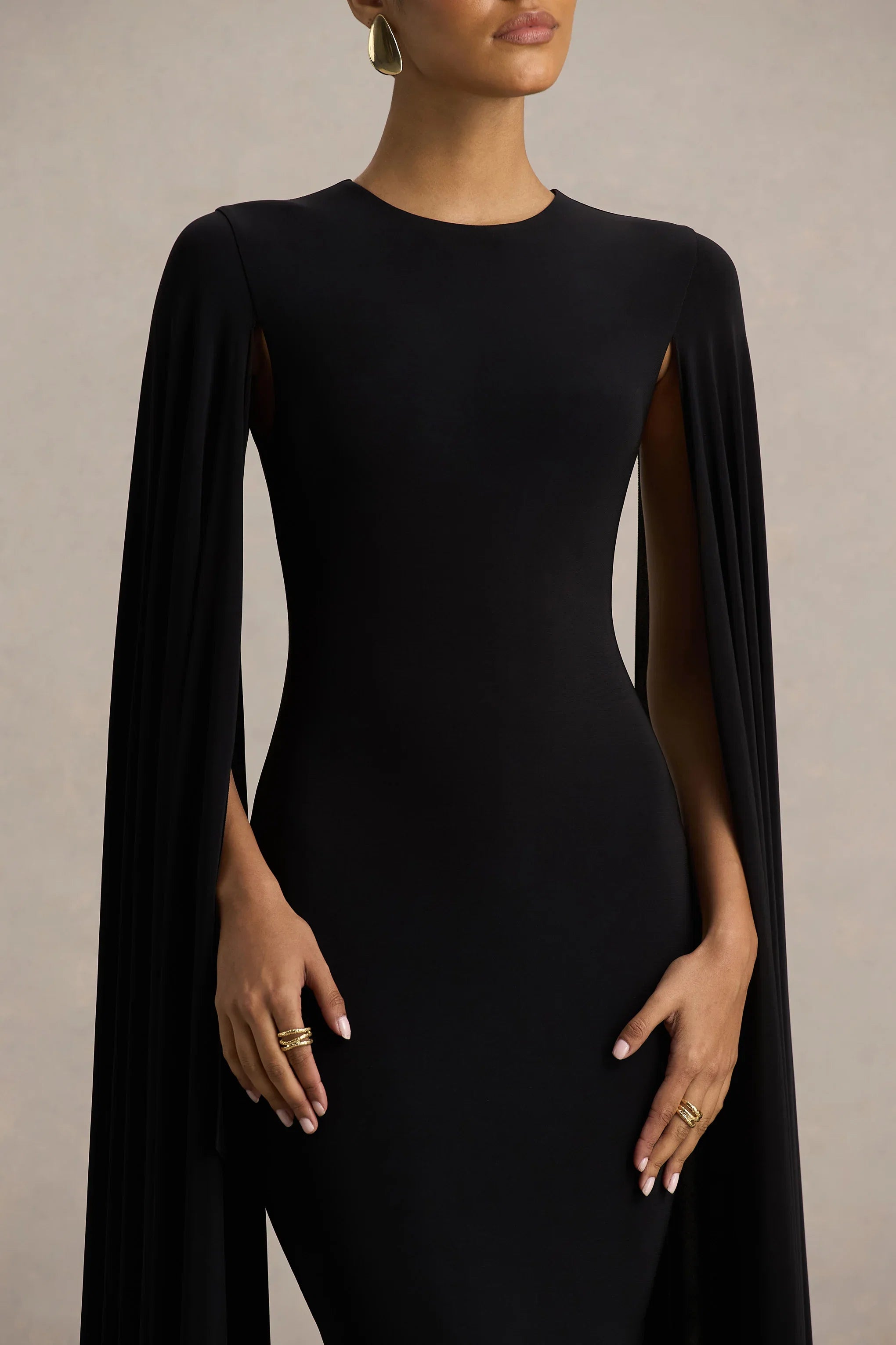 Briony Black Crew Neck Maxi Dress With Cape Sleeves