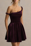 Leticia Burgundy Velvet Asymmetric Neck Velvet Mini Dress With Twist Sleeve