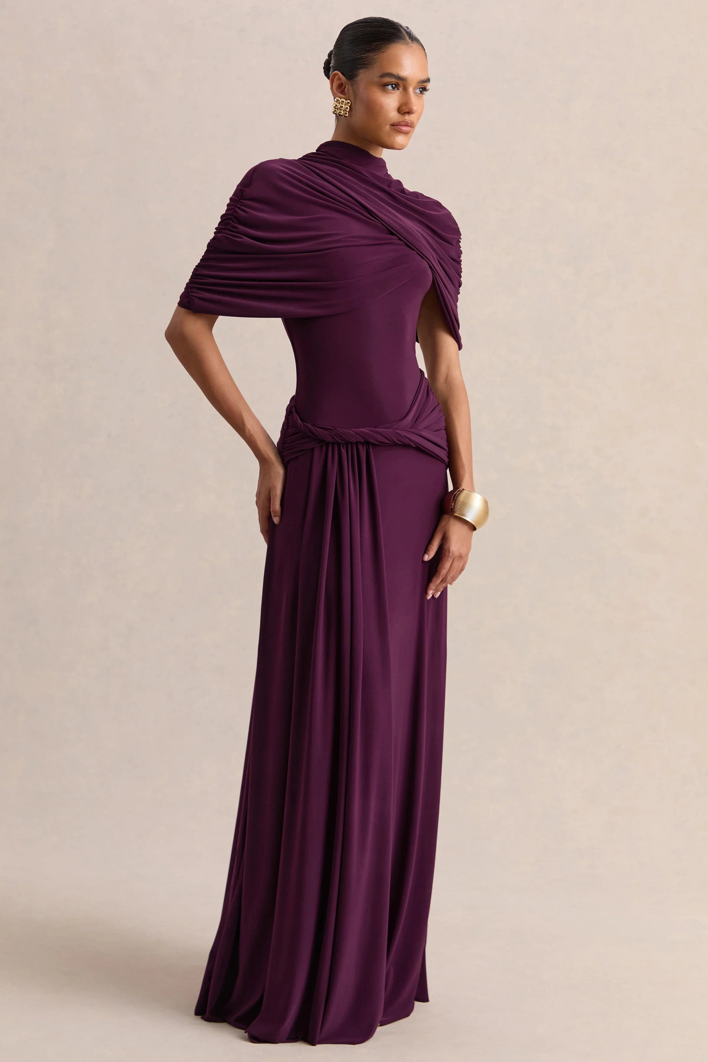 Evelisse Plum High Neck Maxi Dress With Short Cape Sleeves
