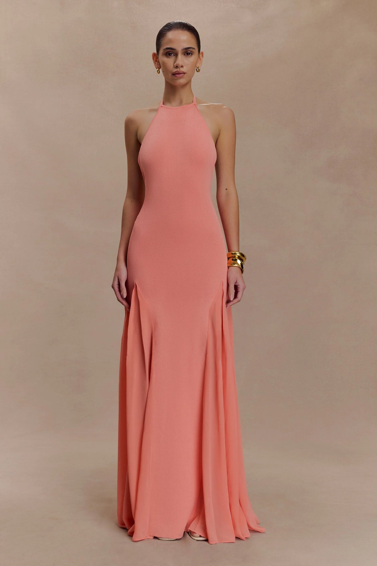 Soleil Knit And Mesh Halter Maxi Dress Coral
