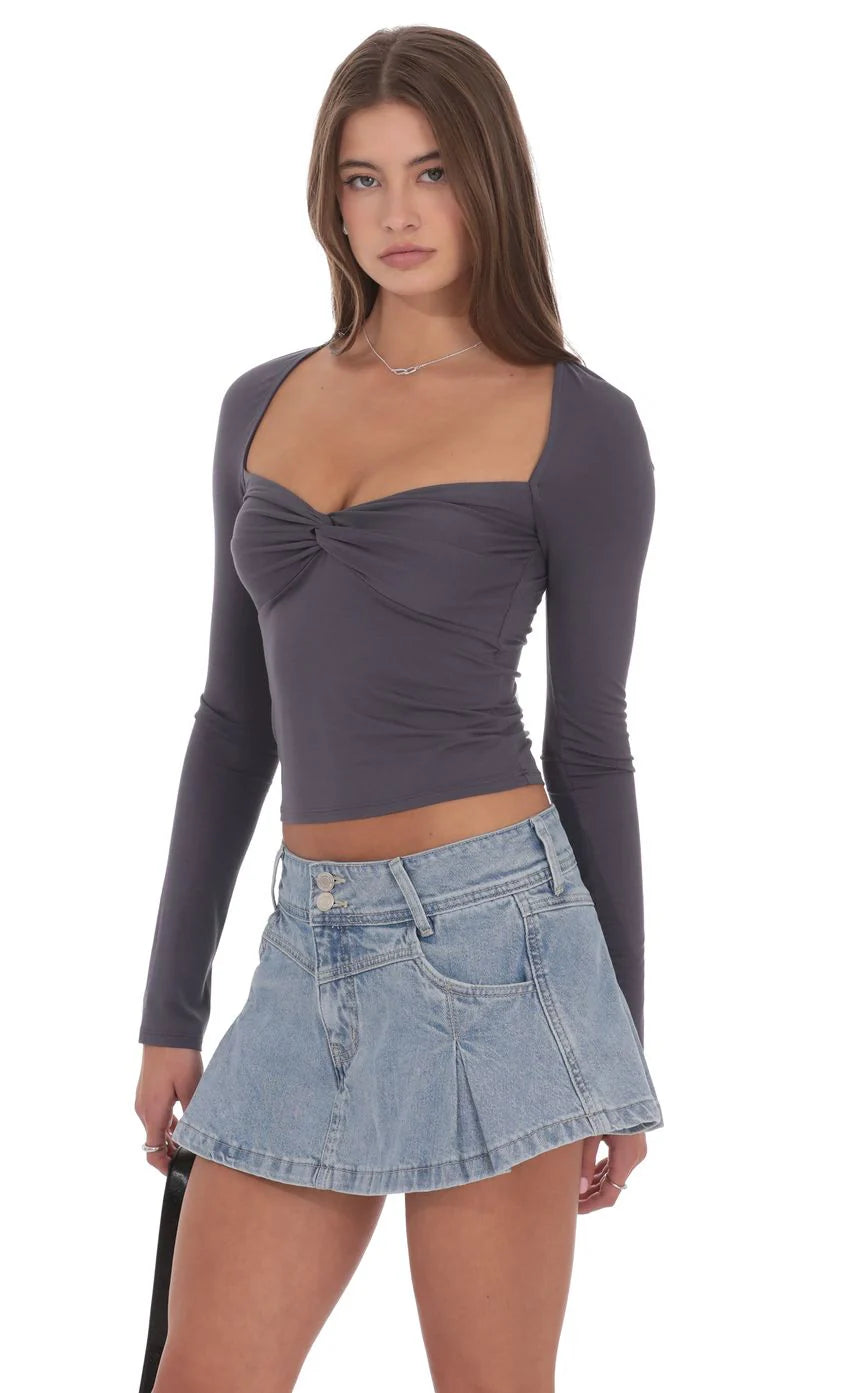 Pleated Flare Denim Mini Skort in Washed Blue