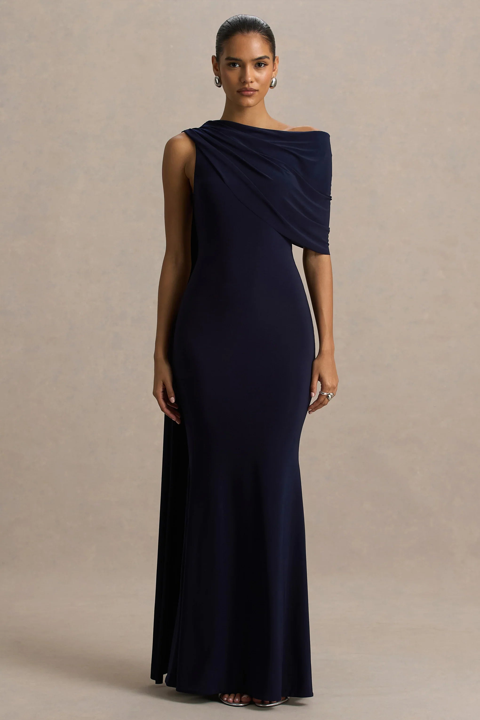 Tiana Navy Asymmetric Neck Maxi Dress With Drape Detail
