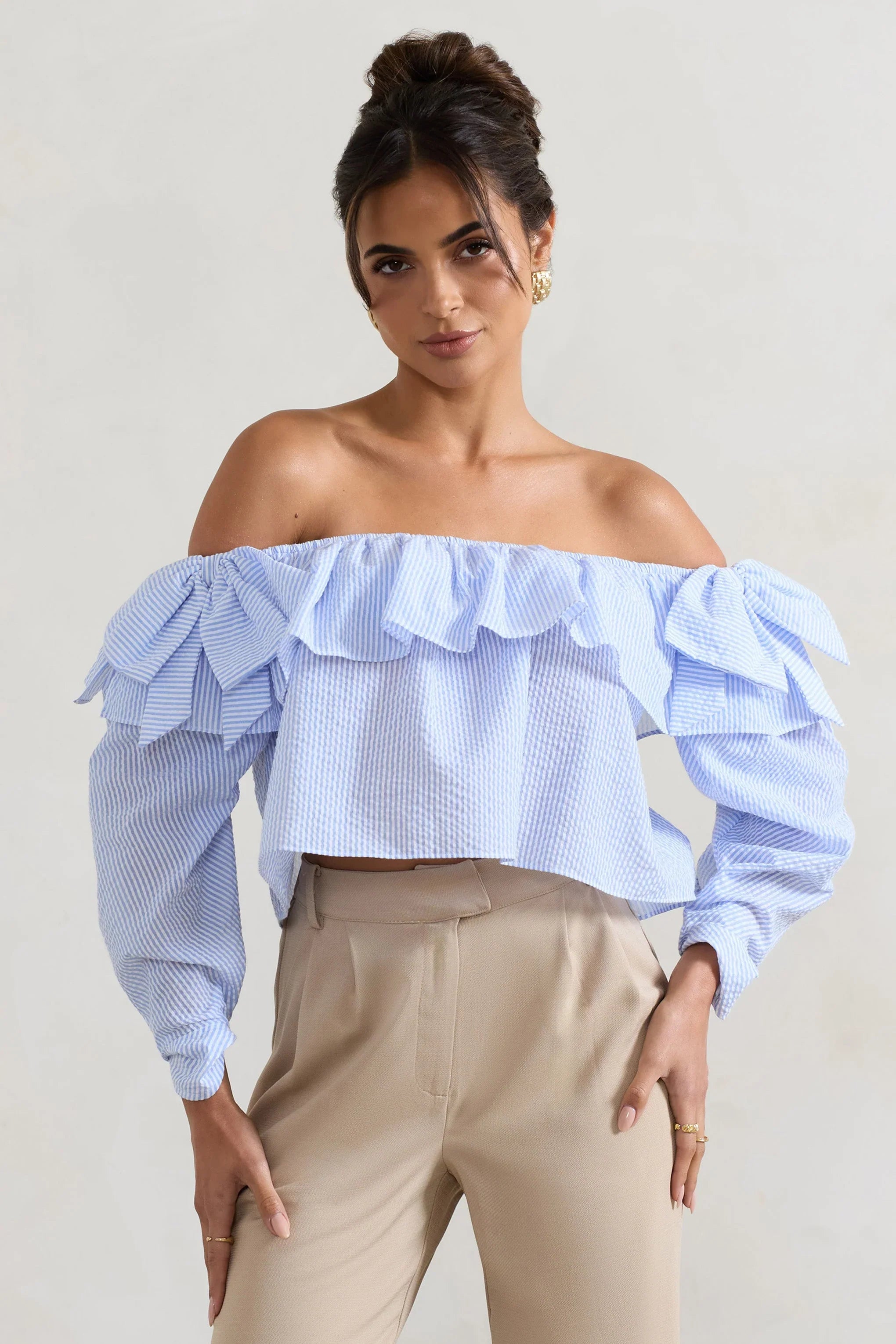 Harbour Blue Pinstripe Bardot Puff Sleeve Top With Bows