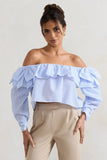 Harbour Blue Pinstripe Bardot Puff Sleeve Top With Bows