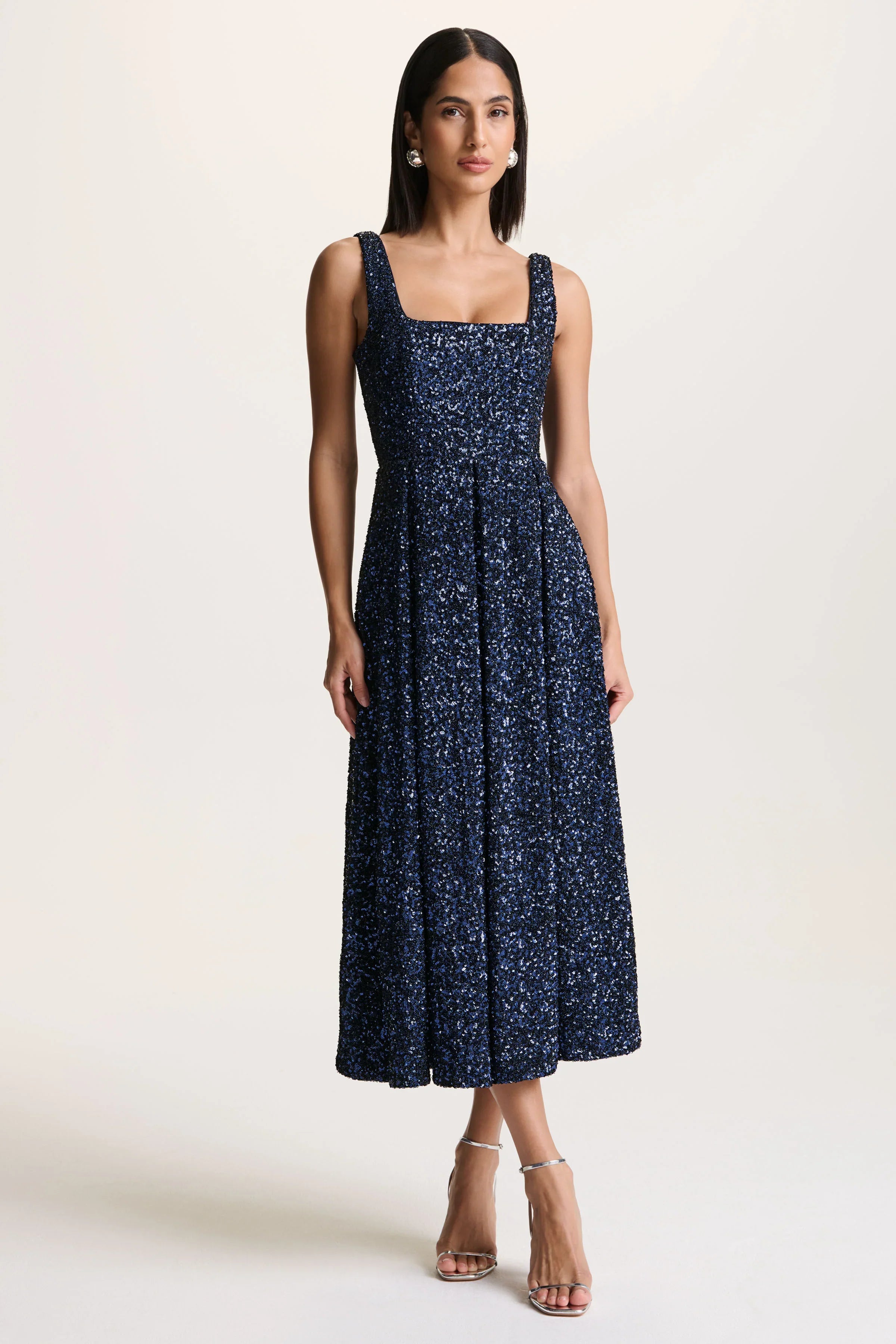 Lima Navy Sequin Square Neck A Line Midi Dress