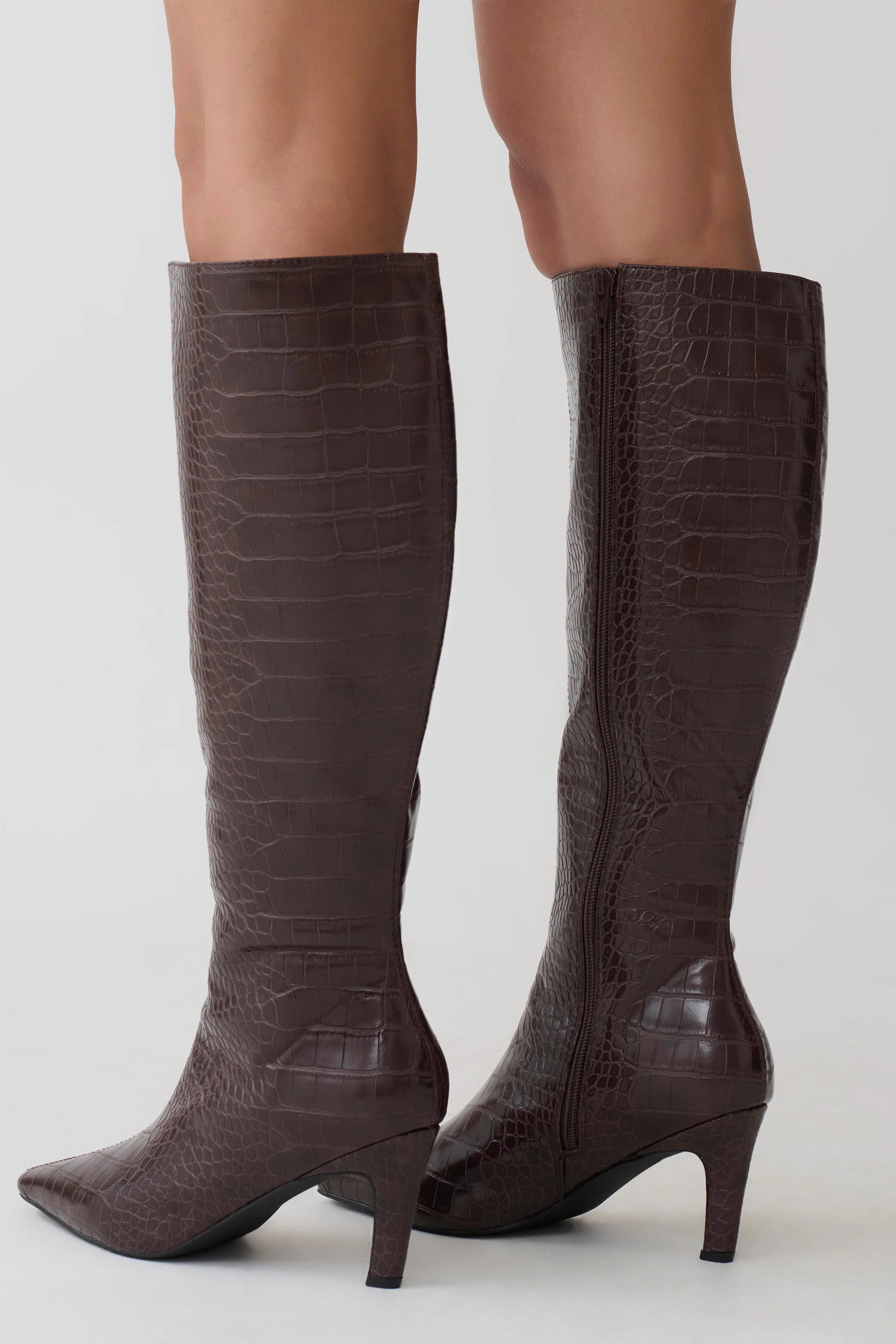 Sarah Faux Leather Crocodile Boot Chocolate