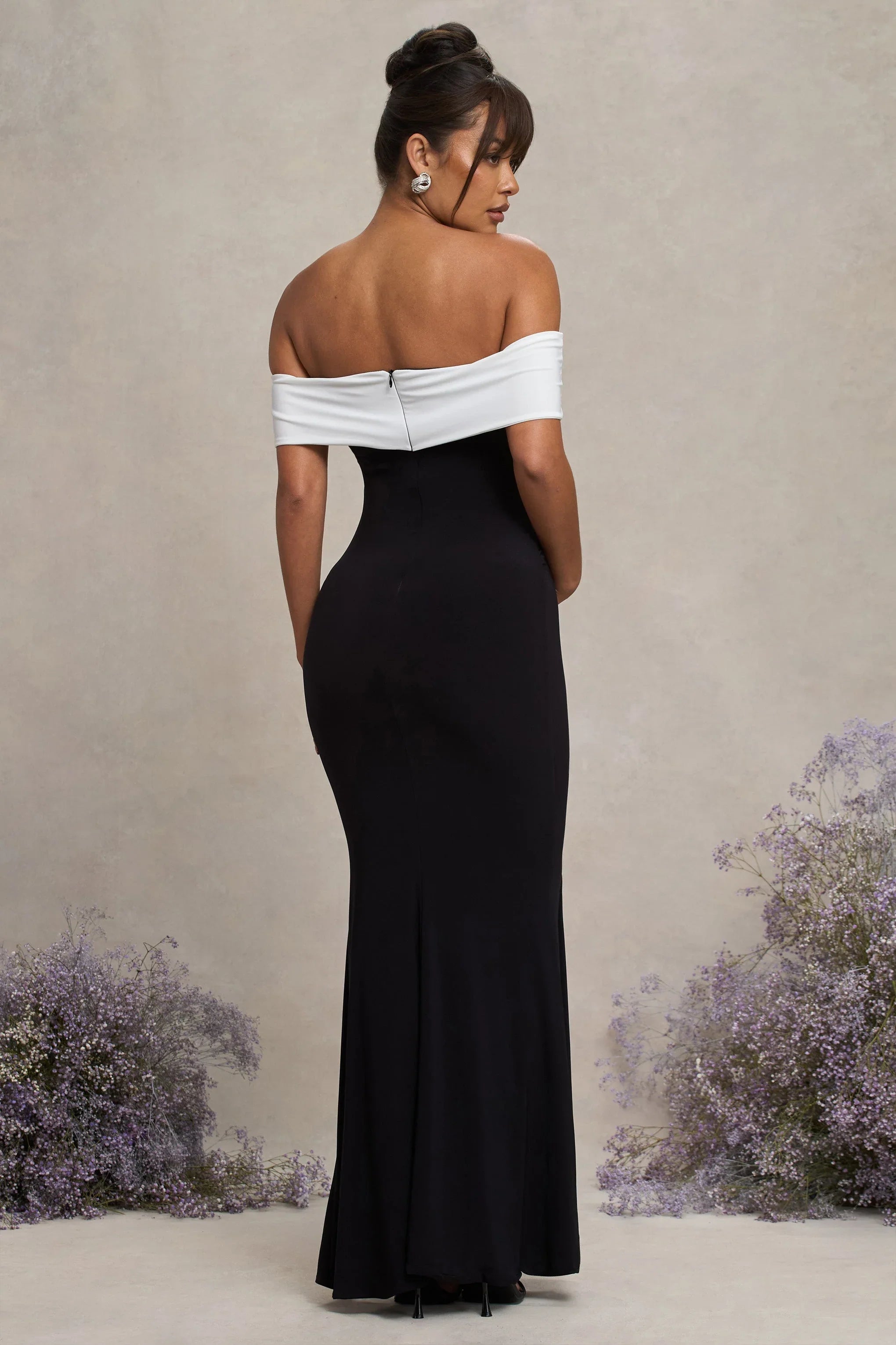 In Bloom Black White Bardot Maternity Maxi Dress With Flower