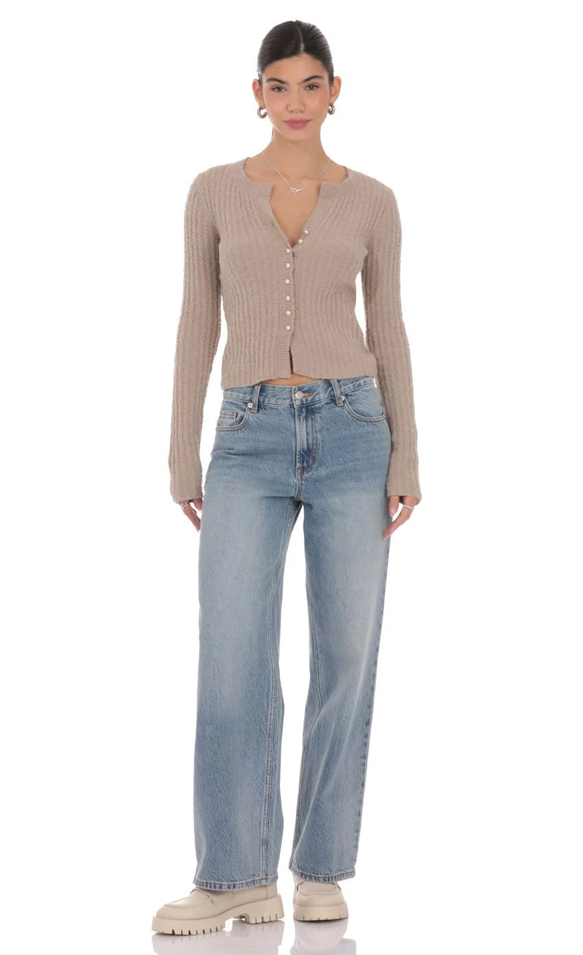 Ribbed Knit Cardigan in Light Brown