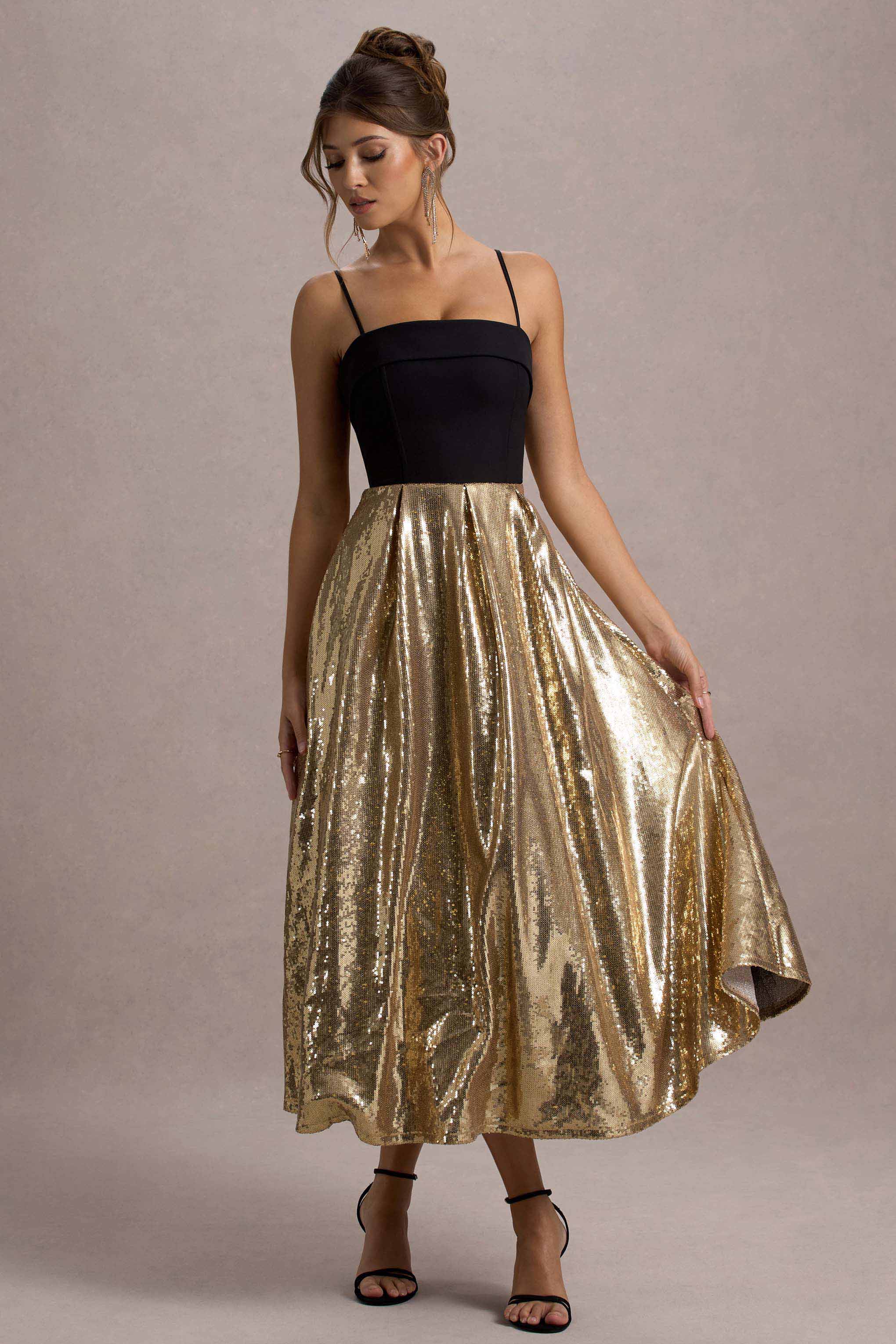 Nicci Black Gold Strappy Midi Dress With Sequin Skirt