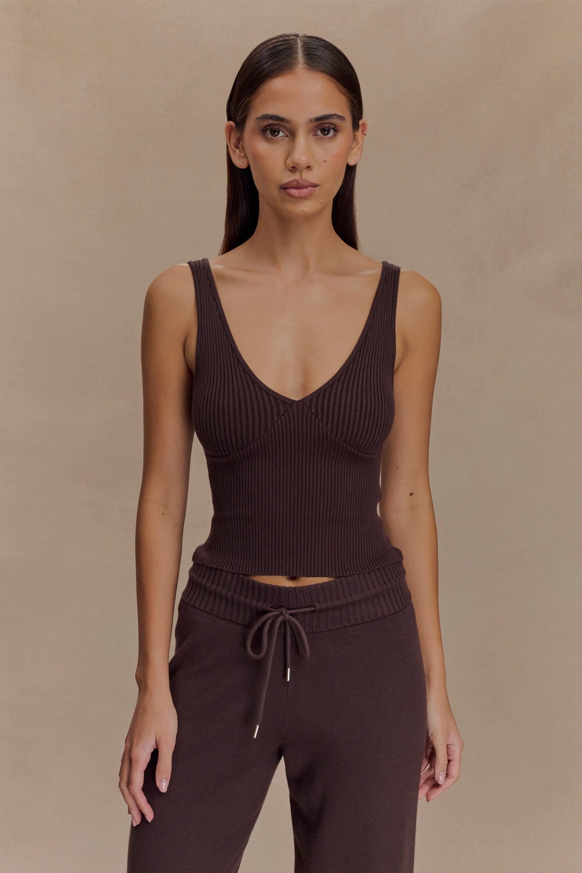 Natalya Ribbed Knit Cami Top Dark Chocolate