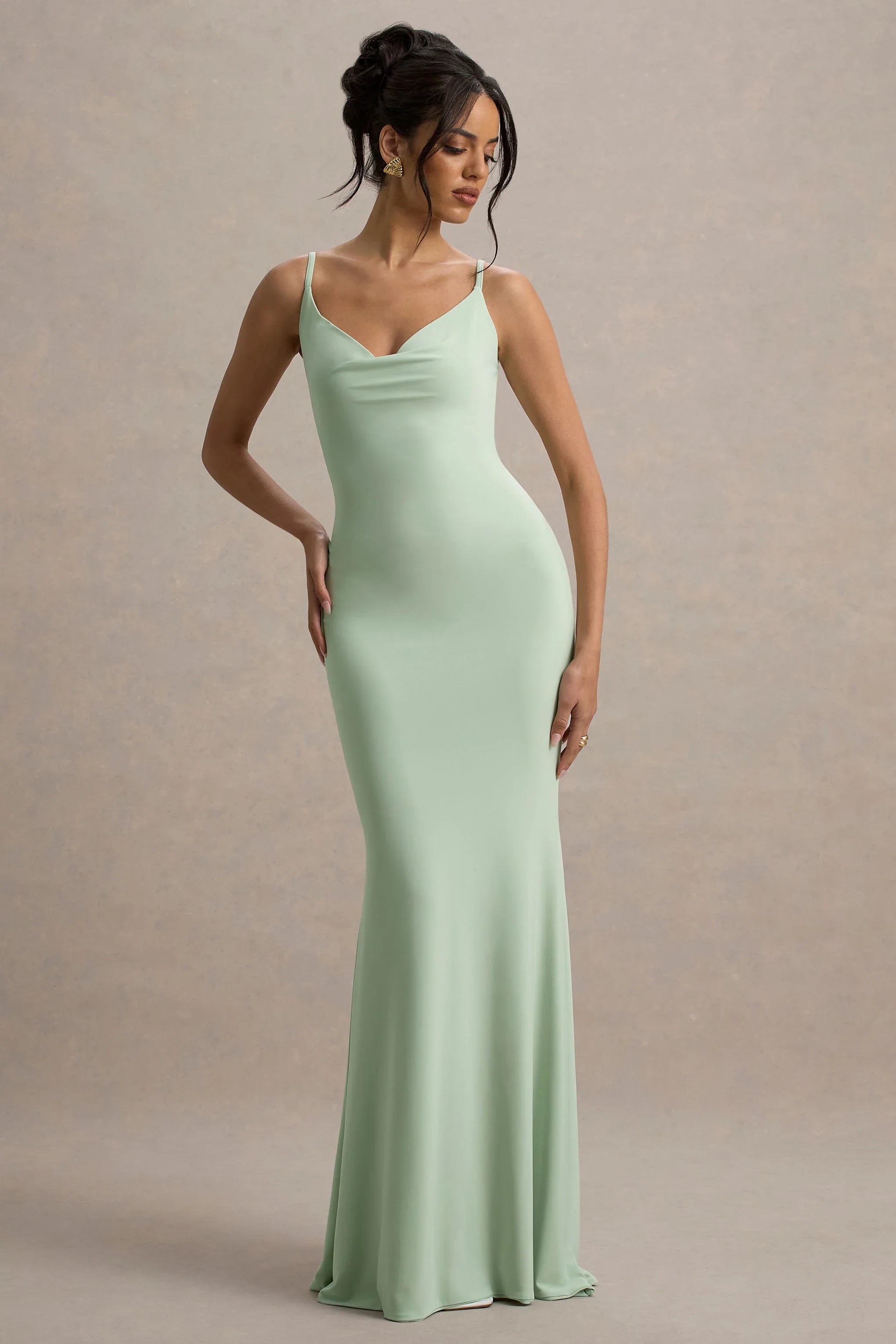 Francoise Light Green Cowl Neck Backless Maxi Dress With Lace Insert