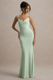 Francoise Light Green Cowl Neck Backless Maxi Dress With Lace Insert