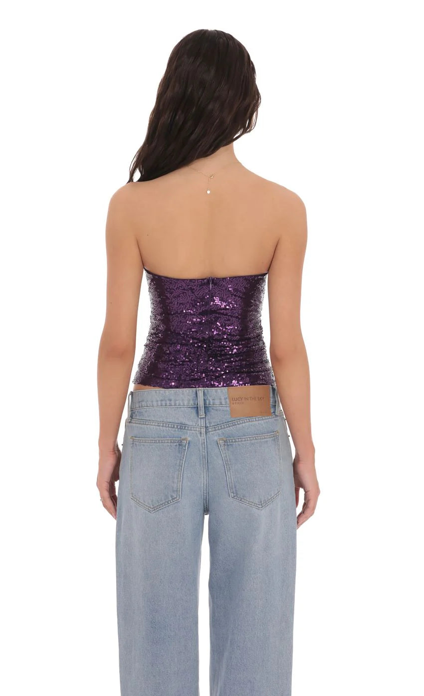 Sequin Cutout Strapless Top in Purple