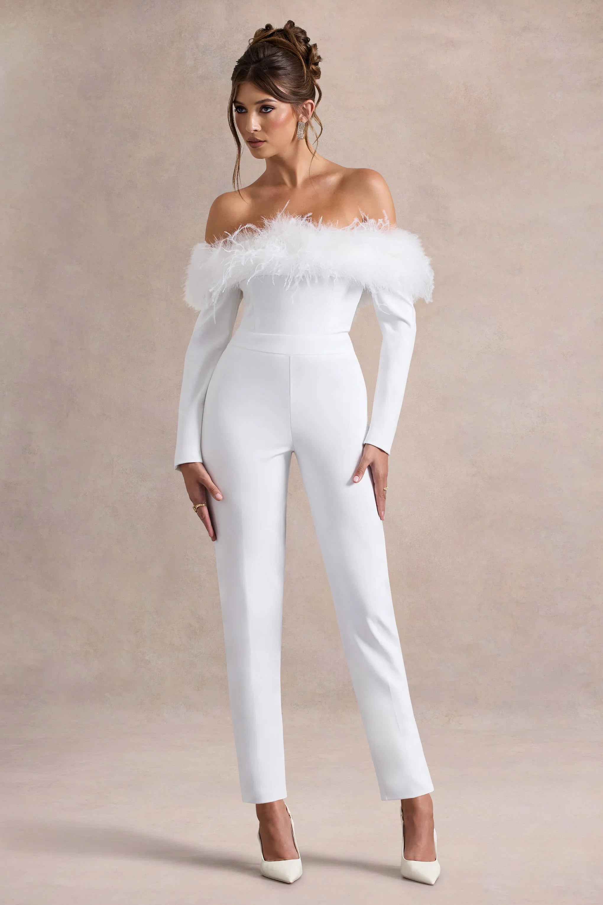 Ales White Bardot Tailored Straight Leg Jumpsuit With Feather Trim