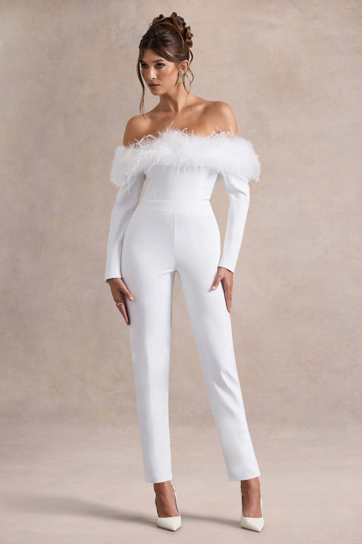 Ales White Bardot Tailored Straight Leg Jumpsuit With Feather Trim