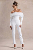 Ales White Bardot Tailored Straight Leg Jumpsuit With Feather Trim