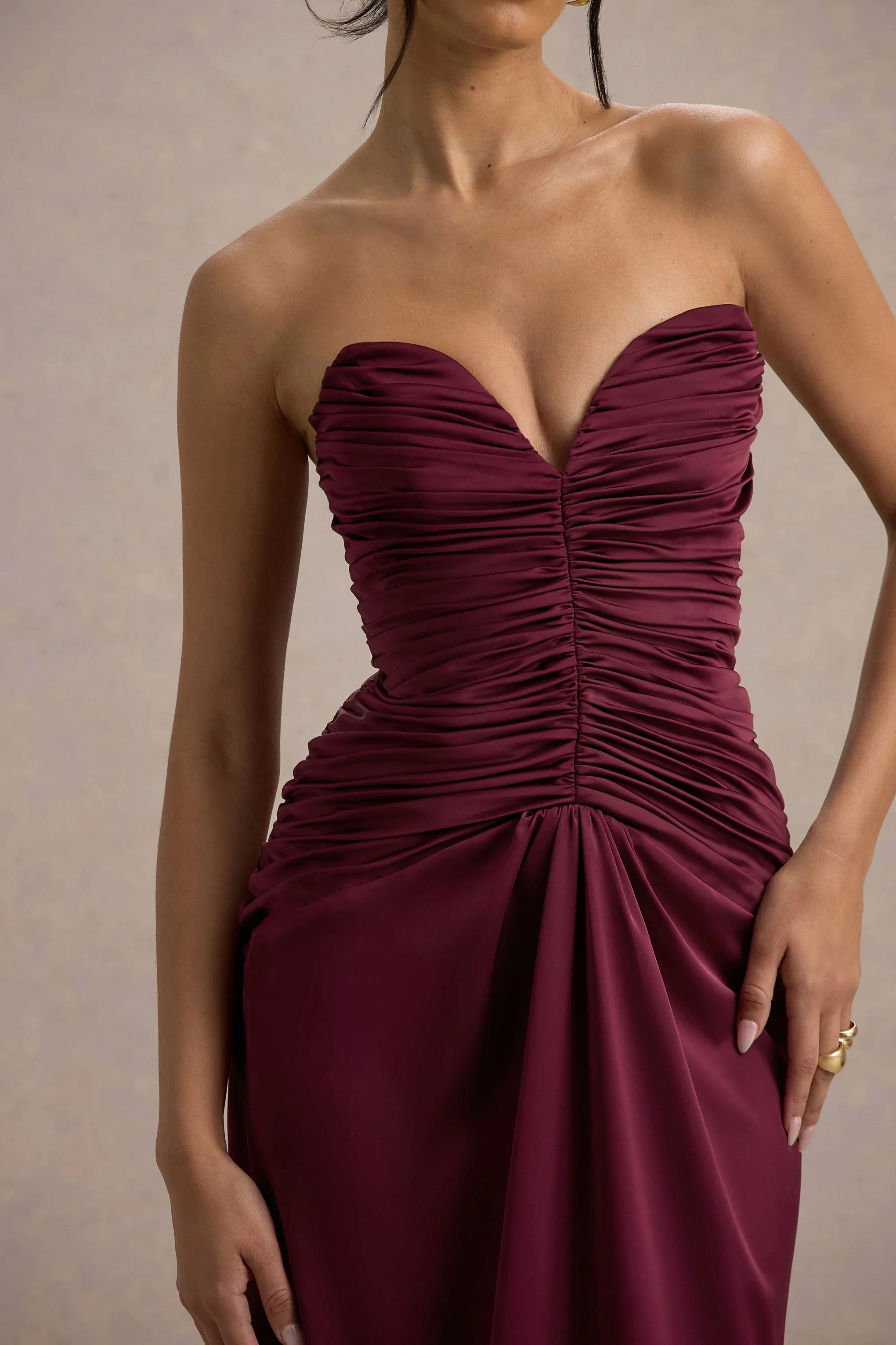Desirie Plum Satin Sweetheart Gathered Maxi Dress