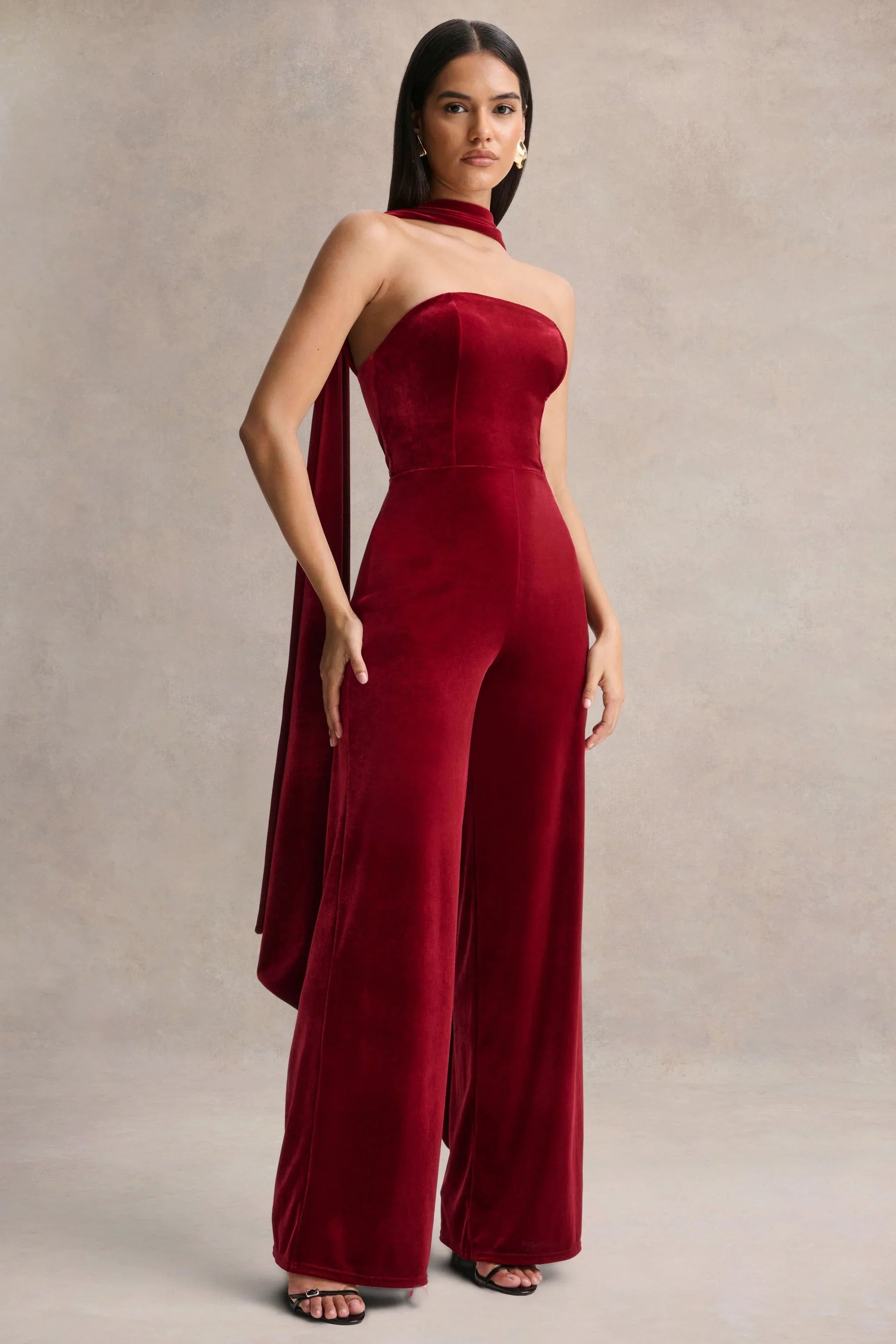 Arcane Burgundy Velvet Bandeau Jumpsuit With Scarf