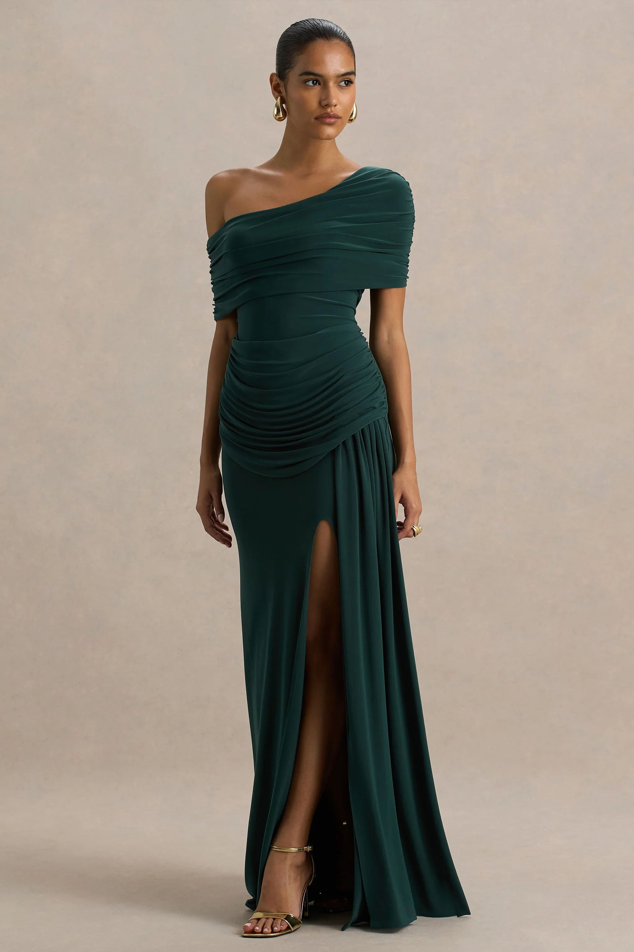 Dynasty Dark Green Asymmetric Neck Maxi Dress With Ruched Detailing And Front High Split