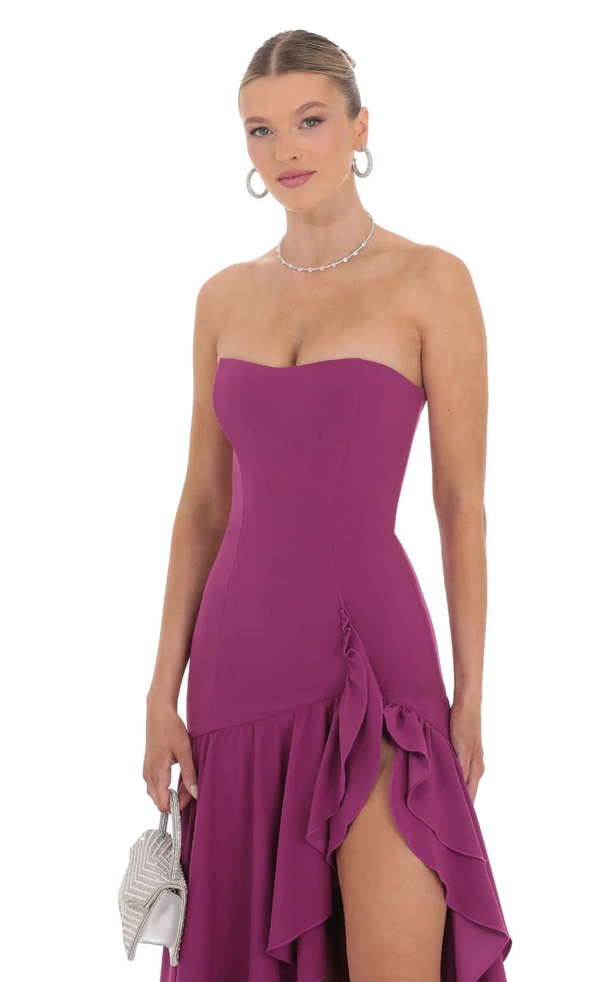 Fishtail Strapless Corset Maxi Dress in Plum