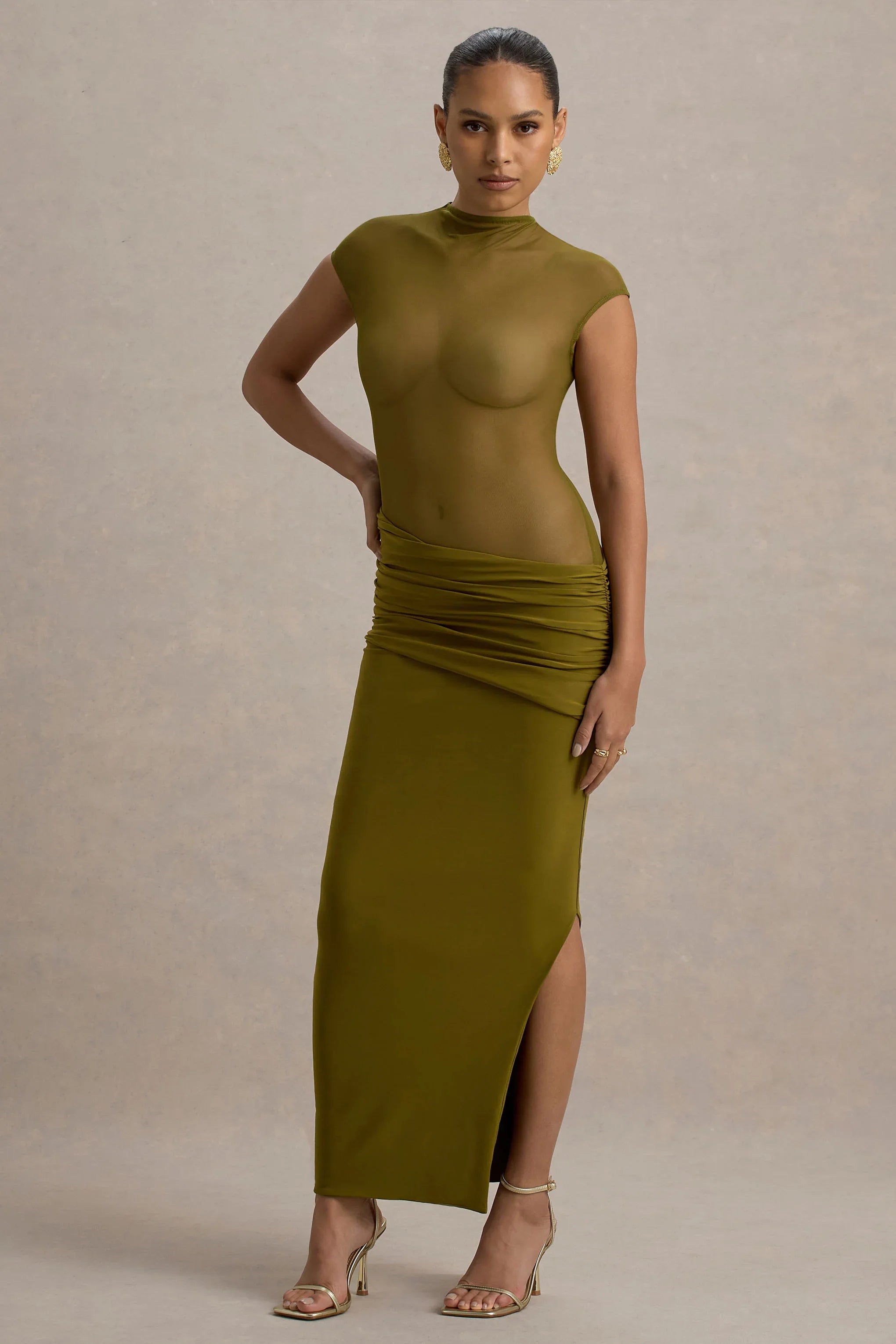 Asia Green Sheer Short Sleeve Draped Maxi Dress