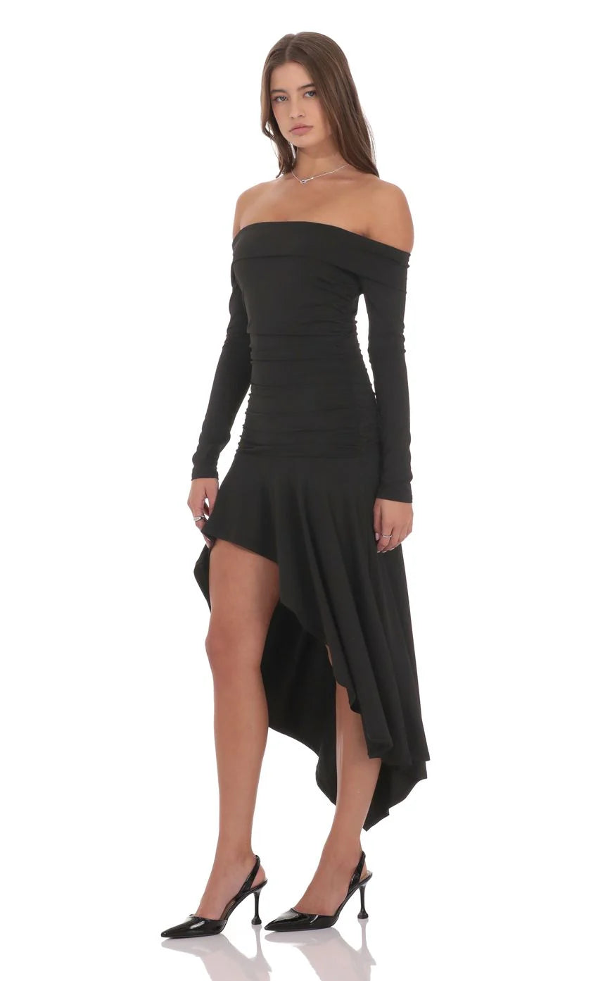 Asymmetrical Off Shoulder Dress in Black