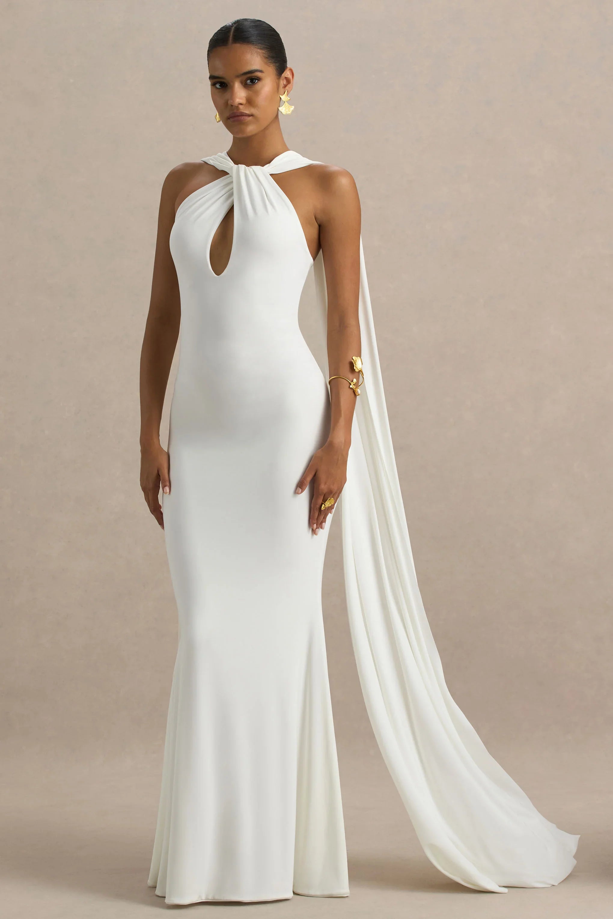 Rhoda White Twist Halter Neck Cape Maxi Dress