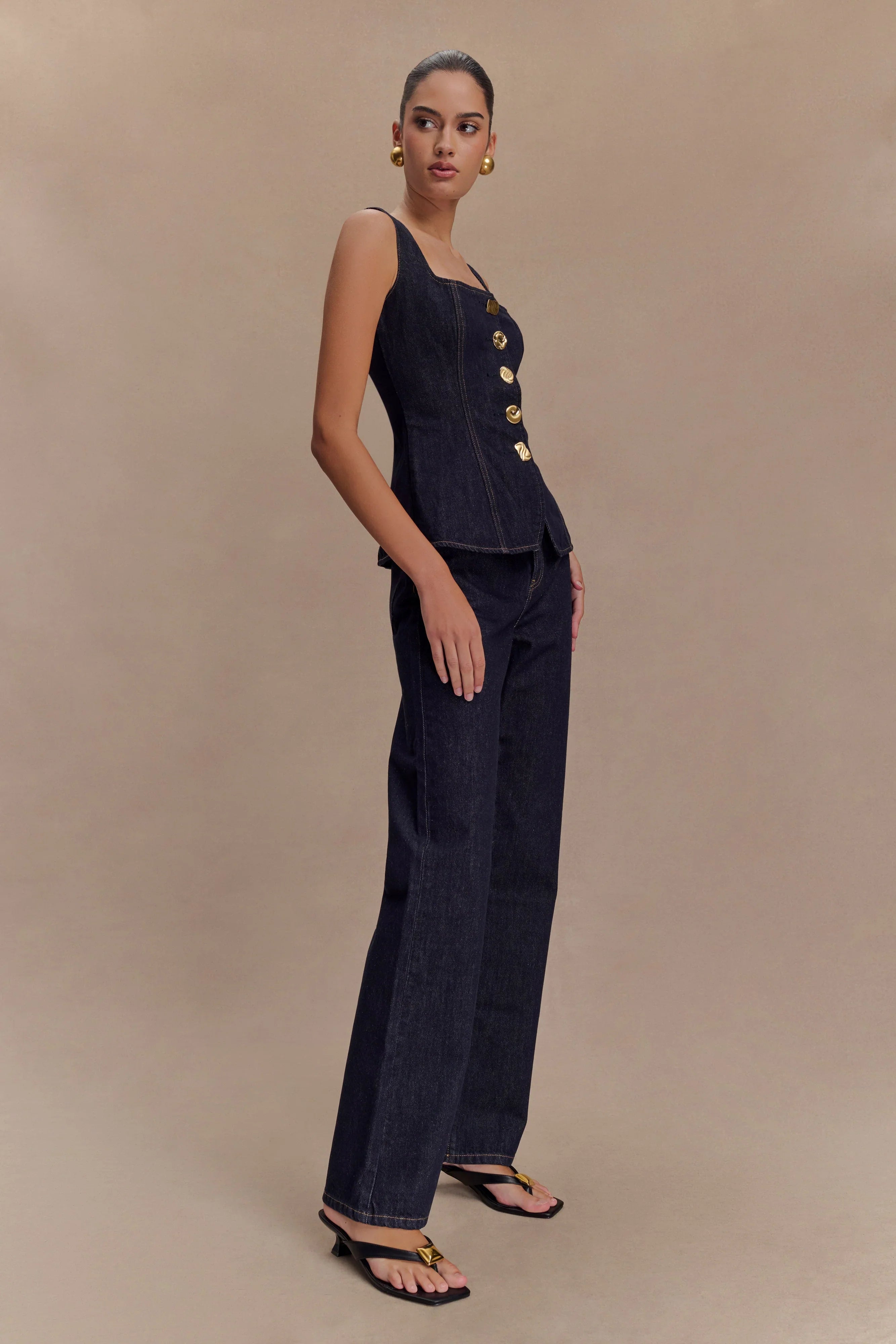 Neve Sleeveless Buttoned Denim Top Washed Indigo Blue