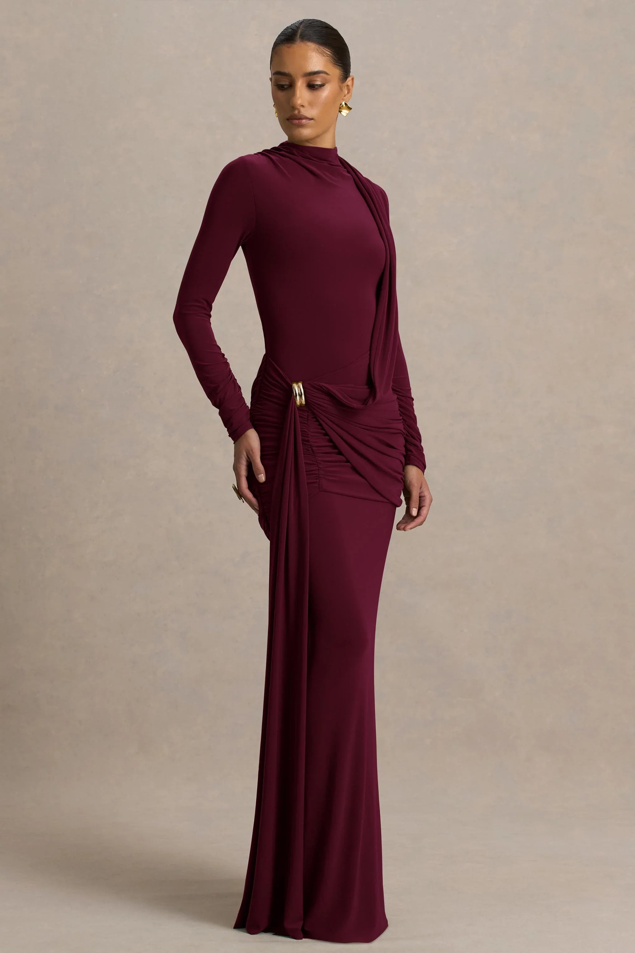 Melissa Burgundy Long Sleeve Wrap Maxi Dress With Draped Detailing