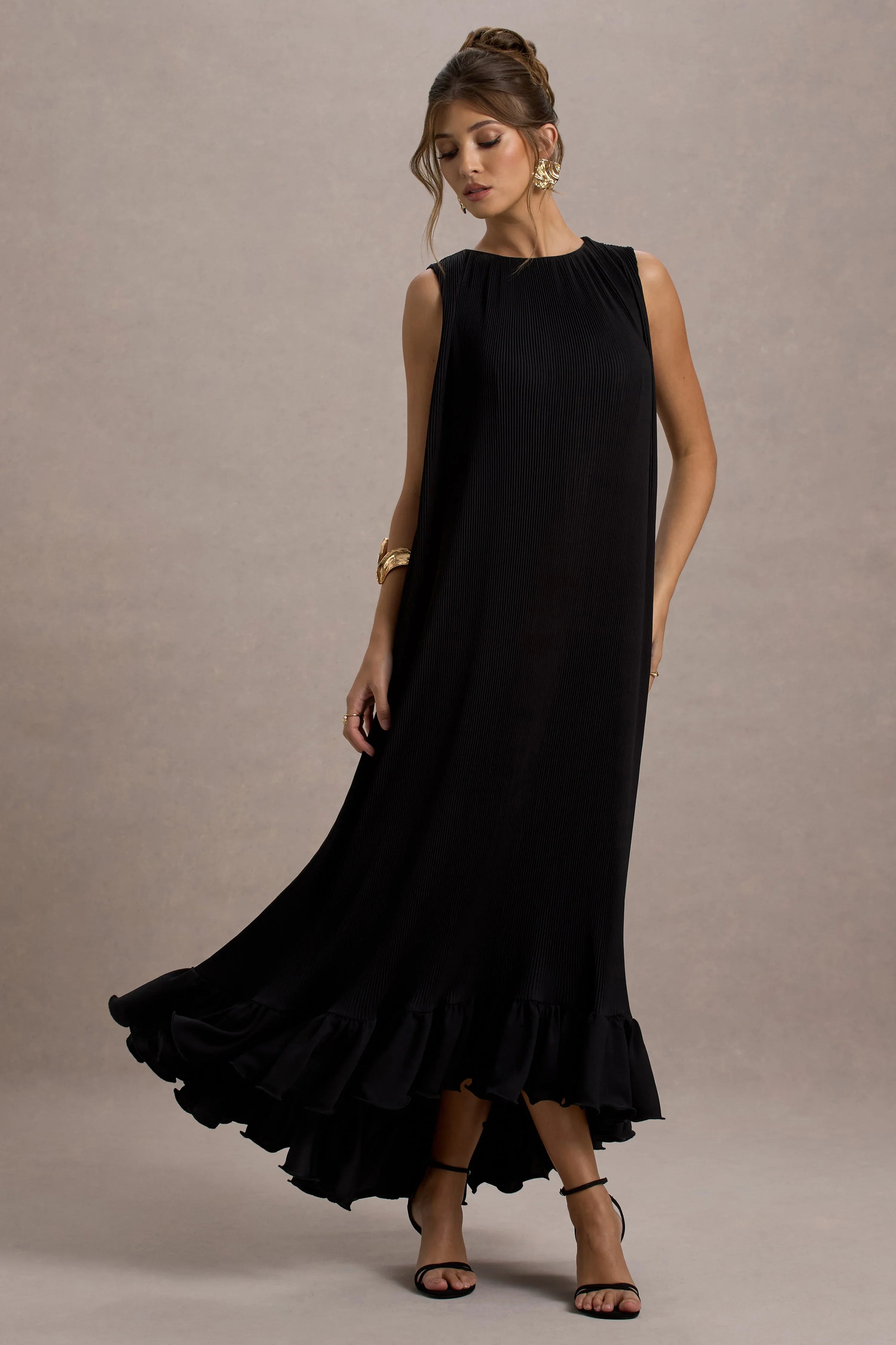 Hazelle Black Chiffon A Line Ruffled Maxi Dress