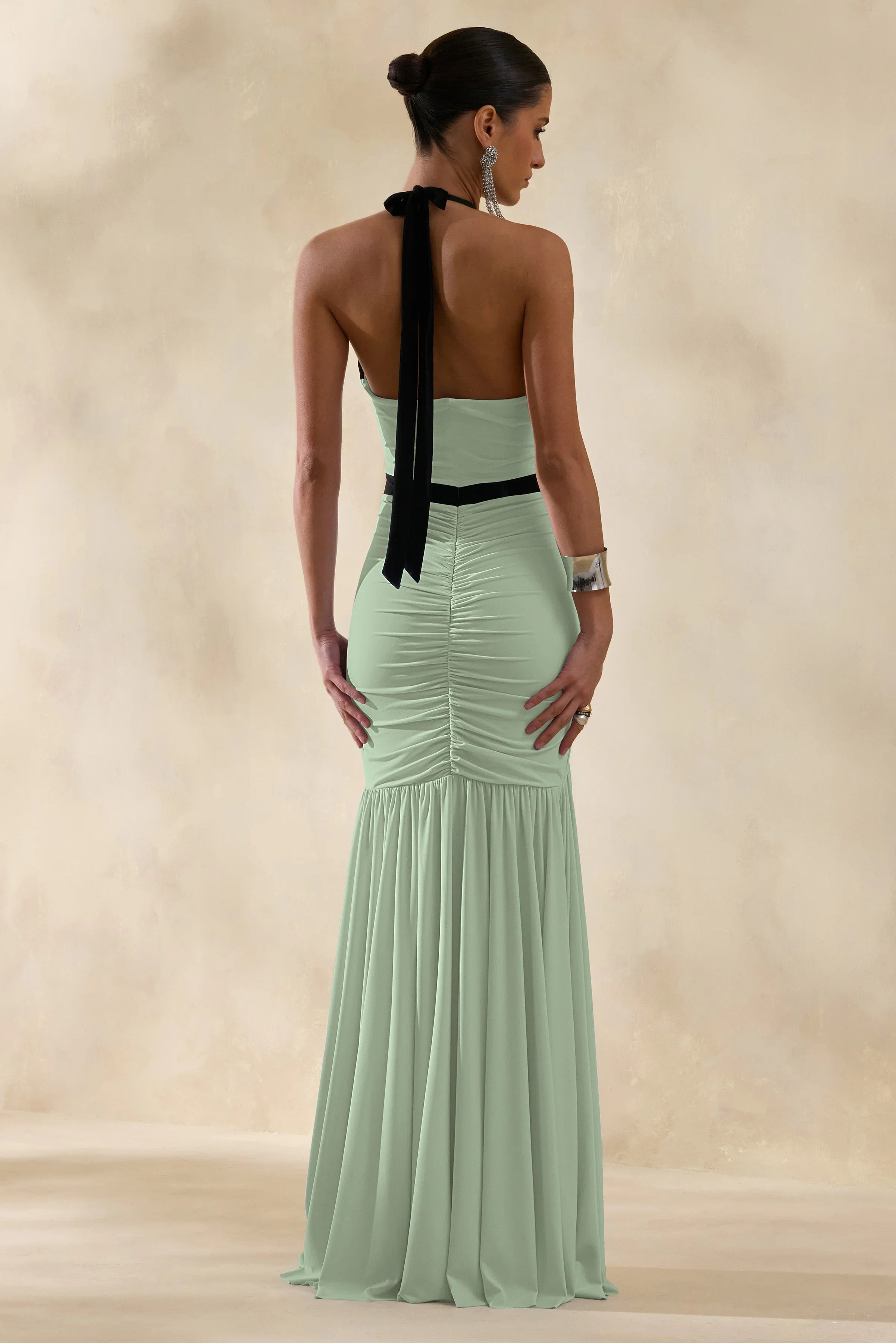 Cosmina Mint Plunge Neck Maxi Dress With Bow Detail