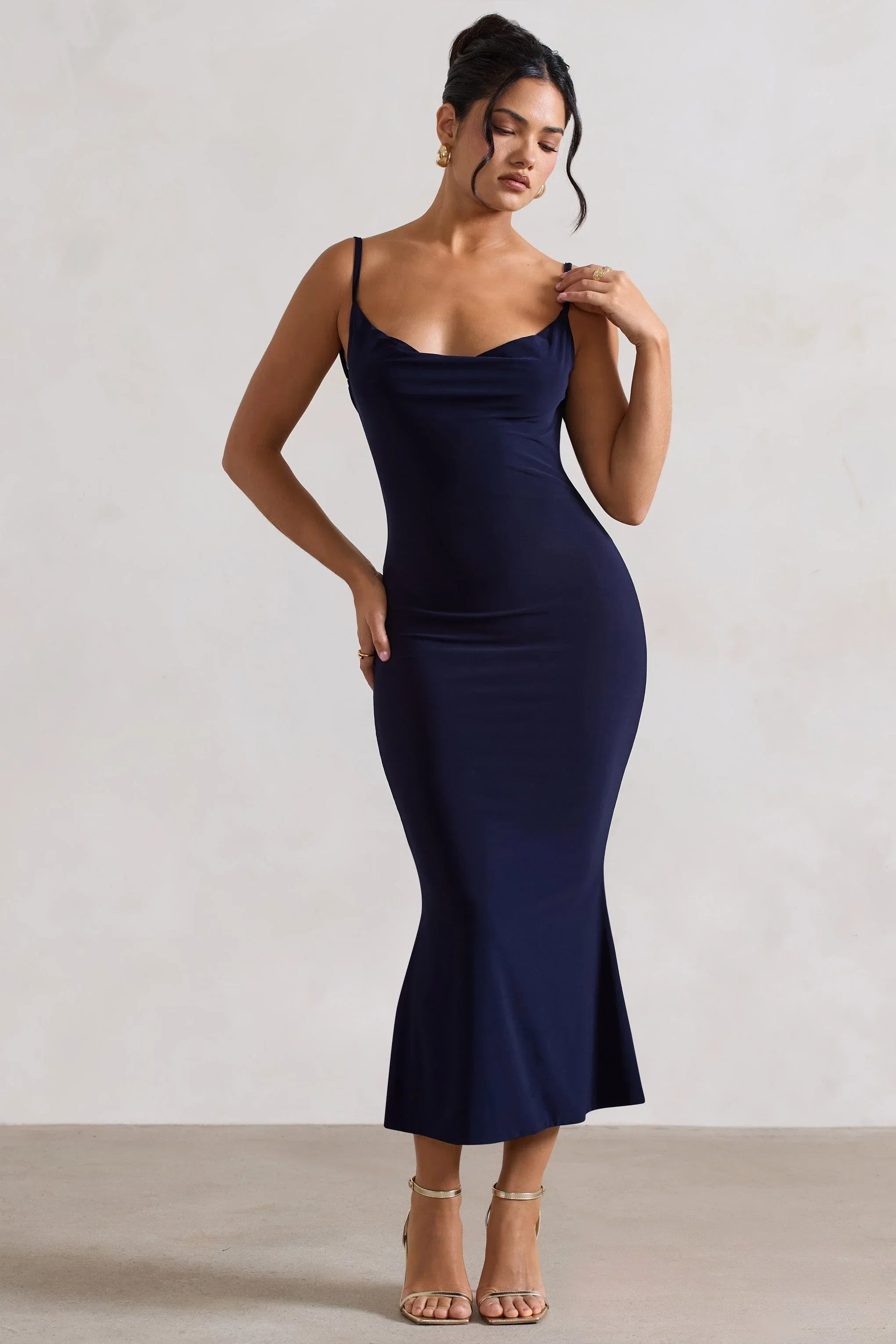 Addison Navy Cowl Neck Open Back Midi Dress With Lace