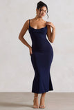 Addison Navy Cowl Neck Open Back Midi Dress With Lace