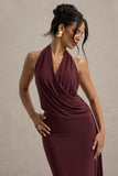 Rosina Burgundy Halter Neck Draped Maxi Dress With Sash