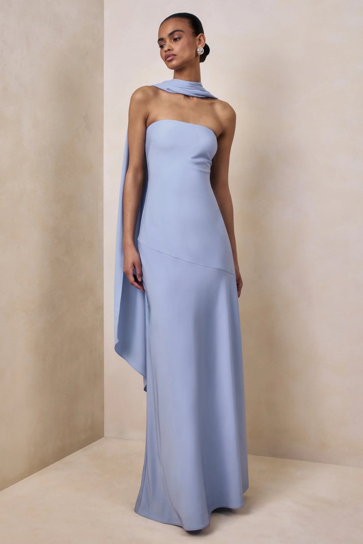 Charly Powder Blue Matte Satin Bandeau Maxi Dress With Scarf Detail