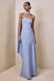 Charly Powder Blue Matte Satin Bandeau Maxi Dress With Scarf Detail