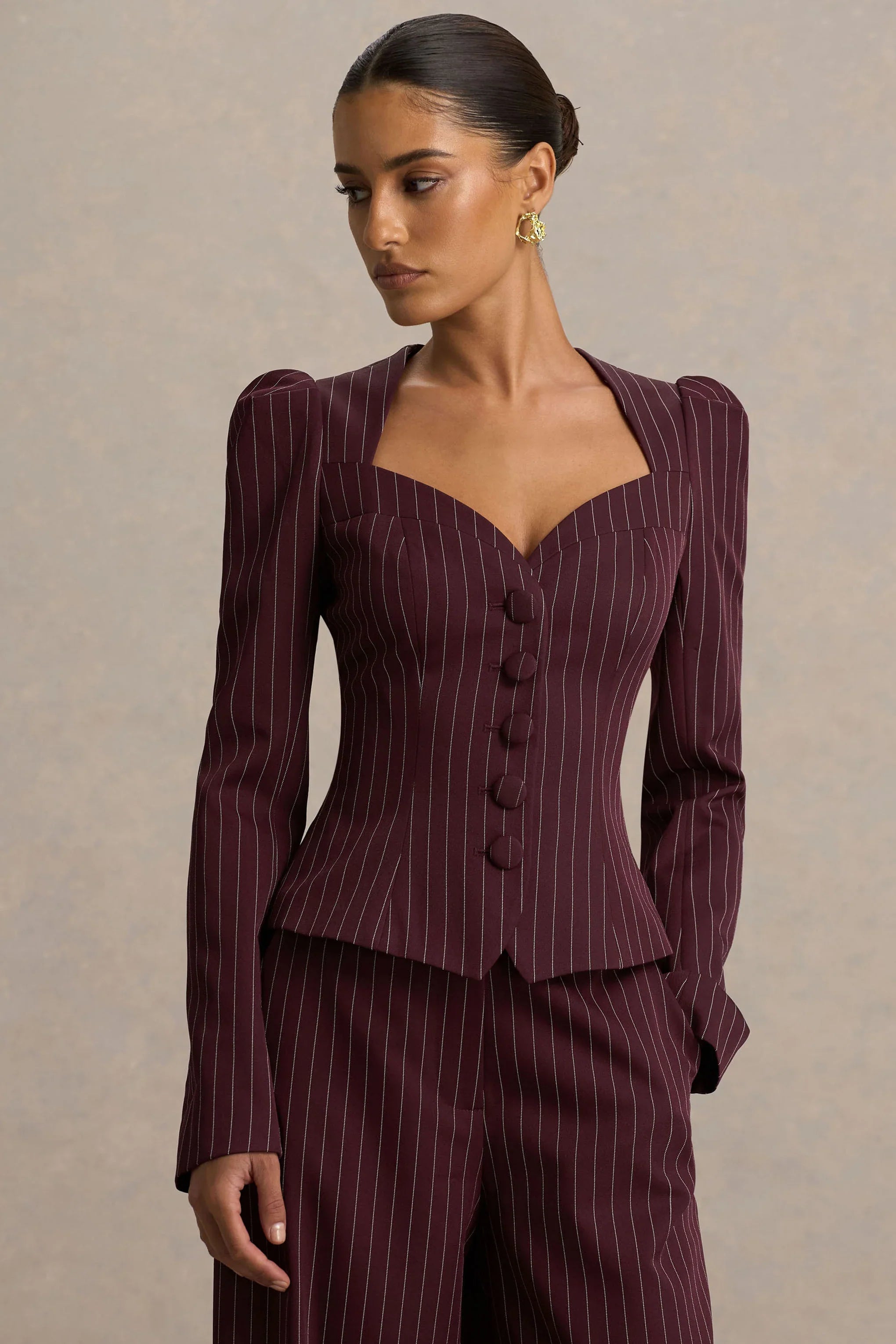 Lana Burgundy Pinstripe Woven Sweetheart Neck Tailored Top