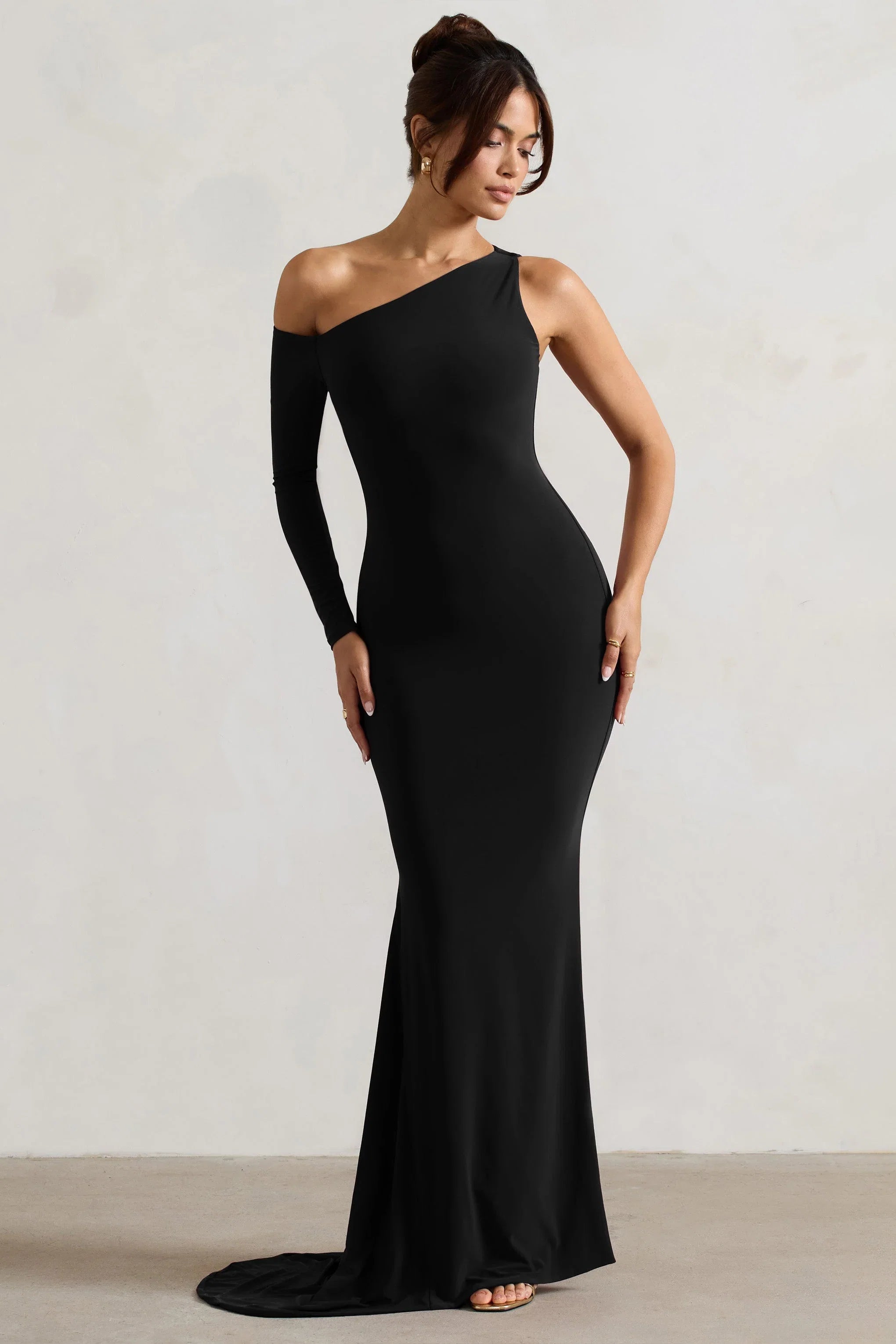 Contradiction Black One Sleeve Asymmetric Maxi Dress