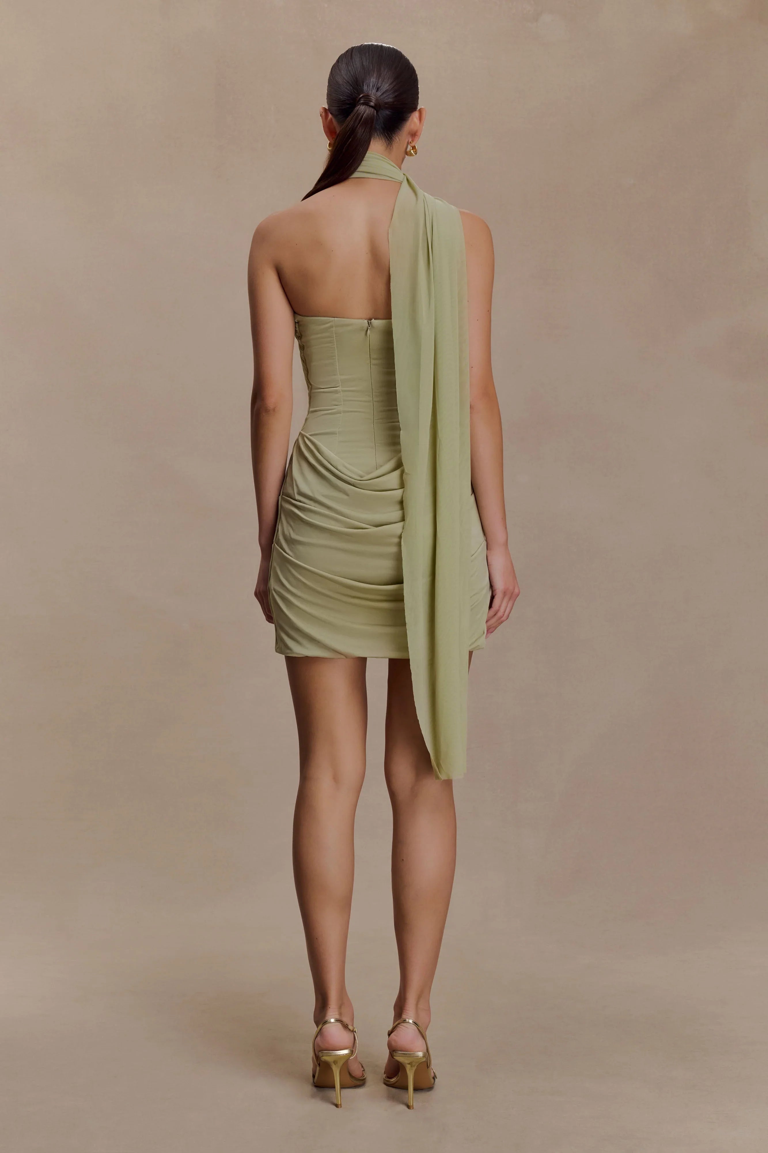Mattea Slinky And Mesh Mini Dress With Scarf Sage