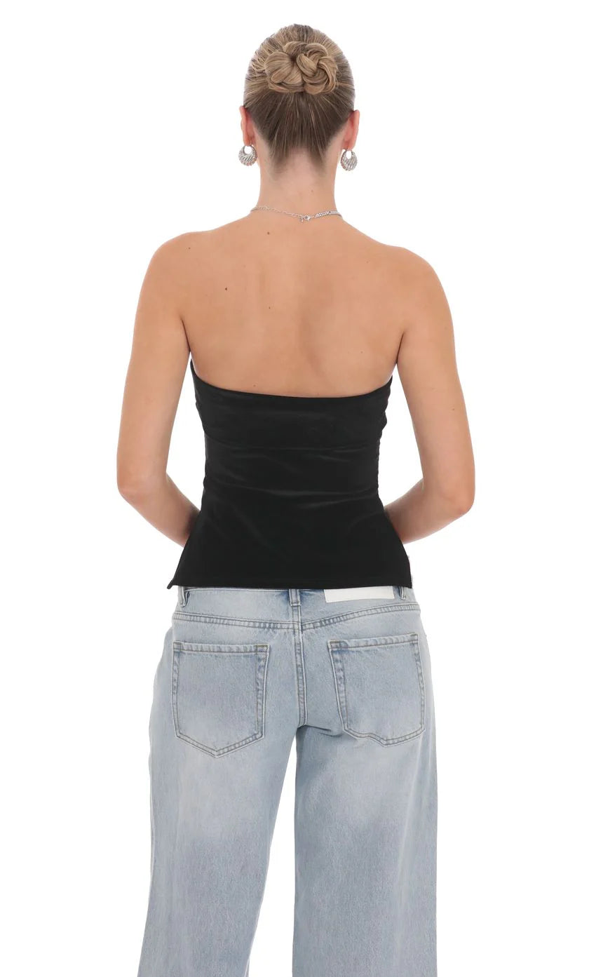Velvet Strapless Slit Top in Black