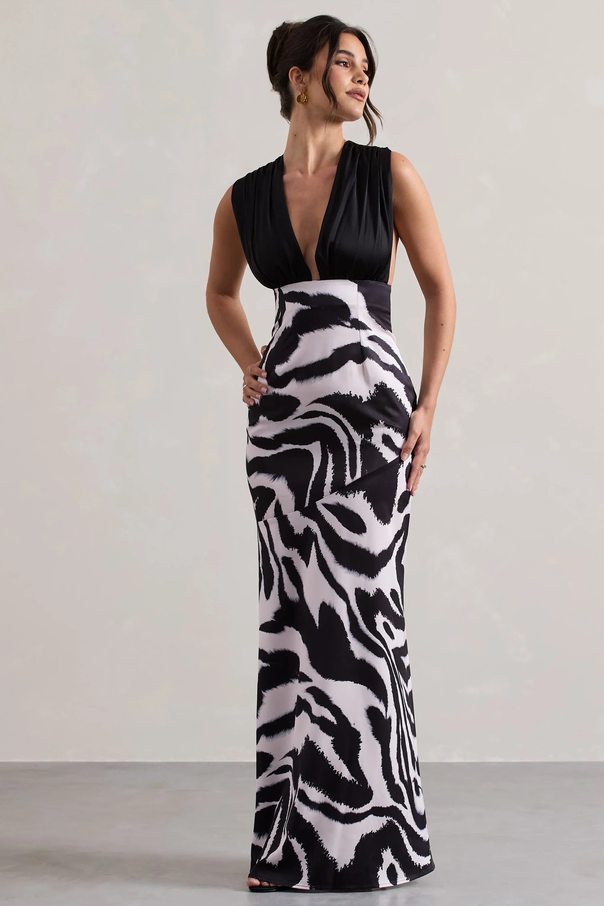 Azzara Zebra Print Satin Ruched V Neck Maxi Dress