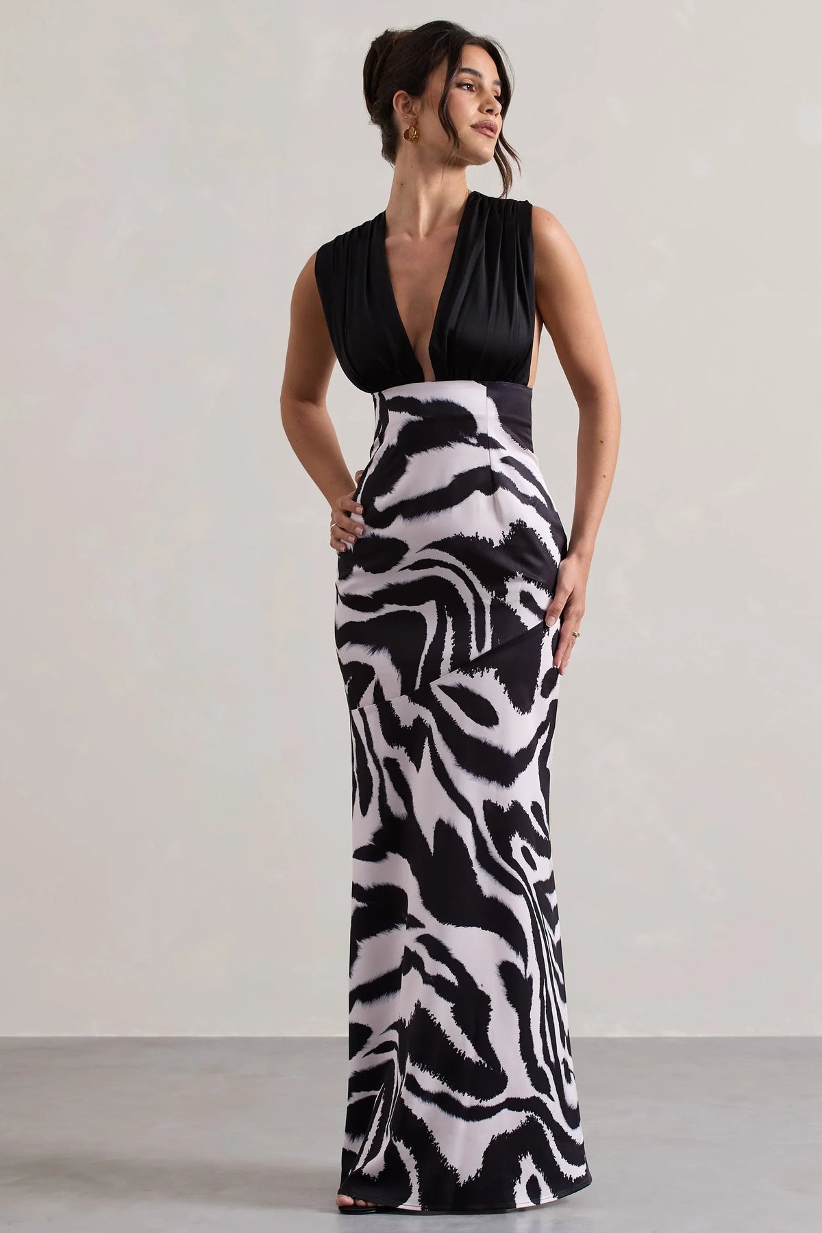 Azzara Zebra Print Satin Ruched V Neck Maxi Dress