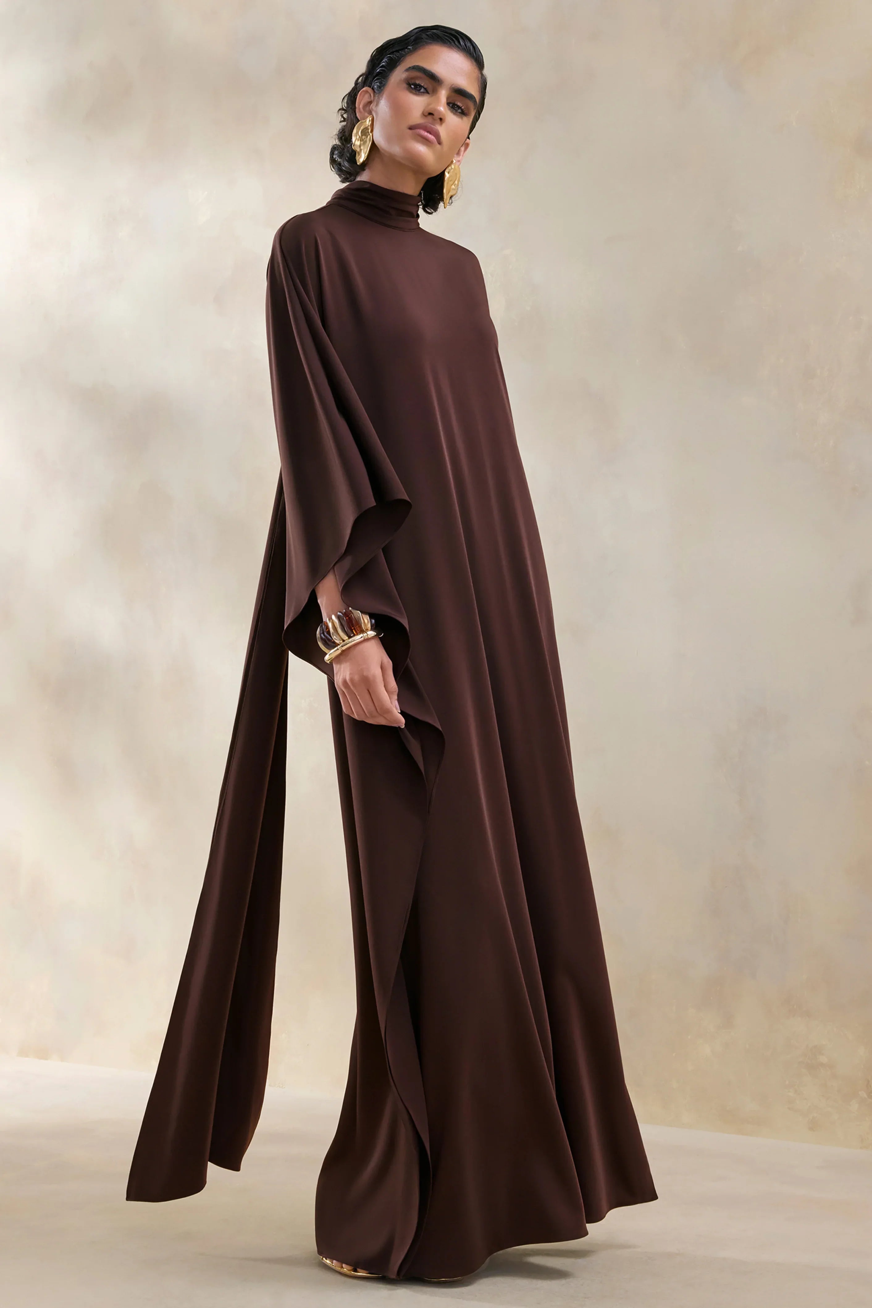 Lumisette Brown Satin High Neck Maxi Dress With Cape