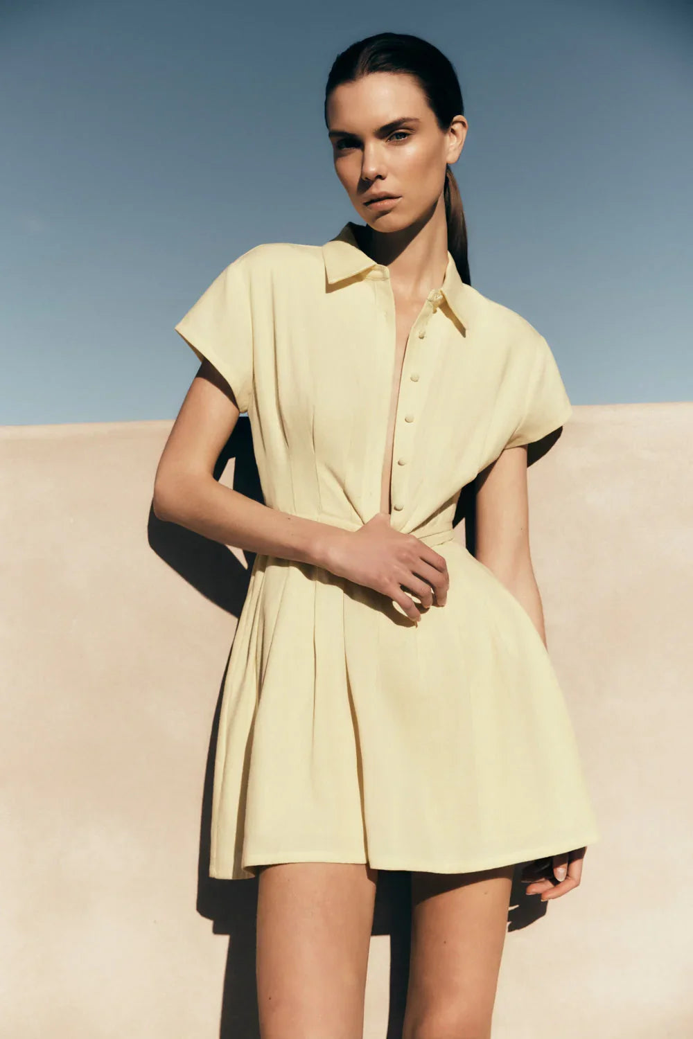 Aysha Buttoned Linen Mini Dress Lemon